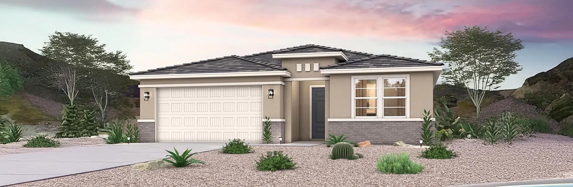 Single-story house with a two-car garage, desert landscaping, and a modern exterior under a pink and blue sunset sky.