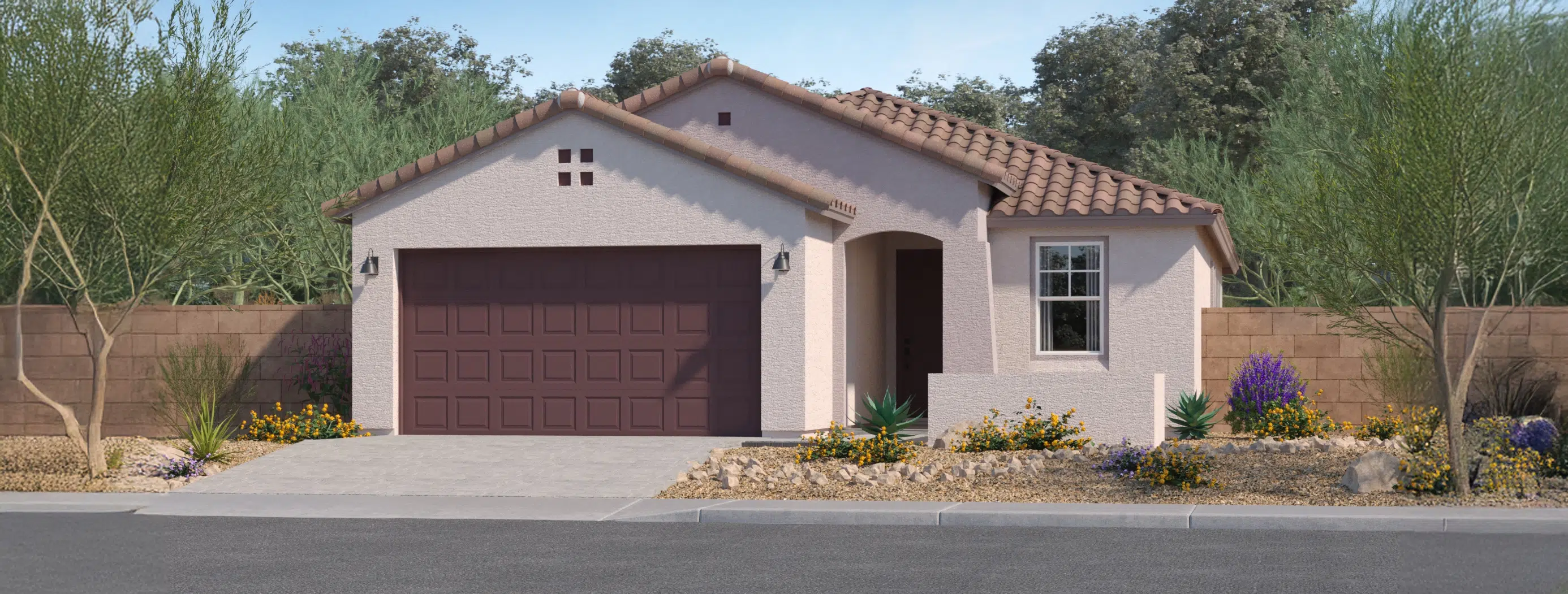 Single-story house with a brown tile roof, two-car garage, arched entryway, desert landscaping, and a stone wall in the background.