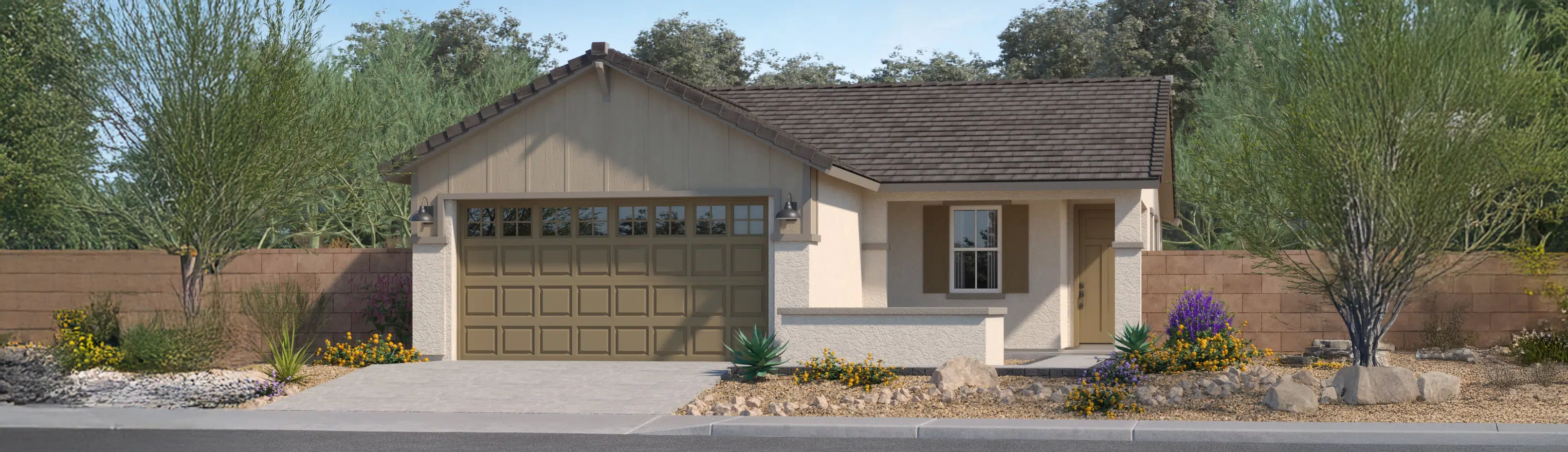 Single-story house with a two-car garage, beige exterior, brown roof, desert landscaping, and a wooden fence in the background.