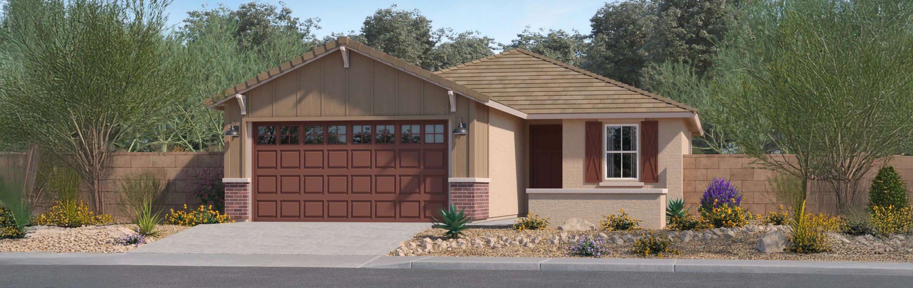 Single-story house with a brown garage door, tan exterior, and desert landscaping, including rocks and drought-tolerant plants, set against a background of trees and a brick wall.