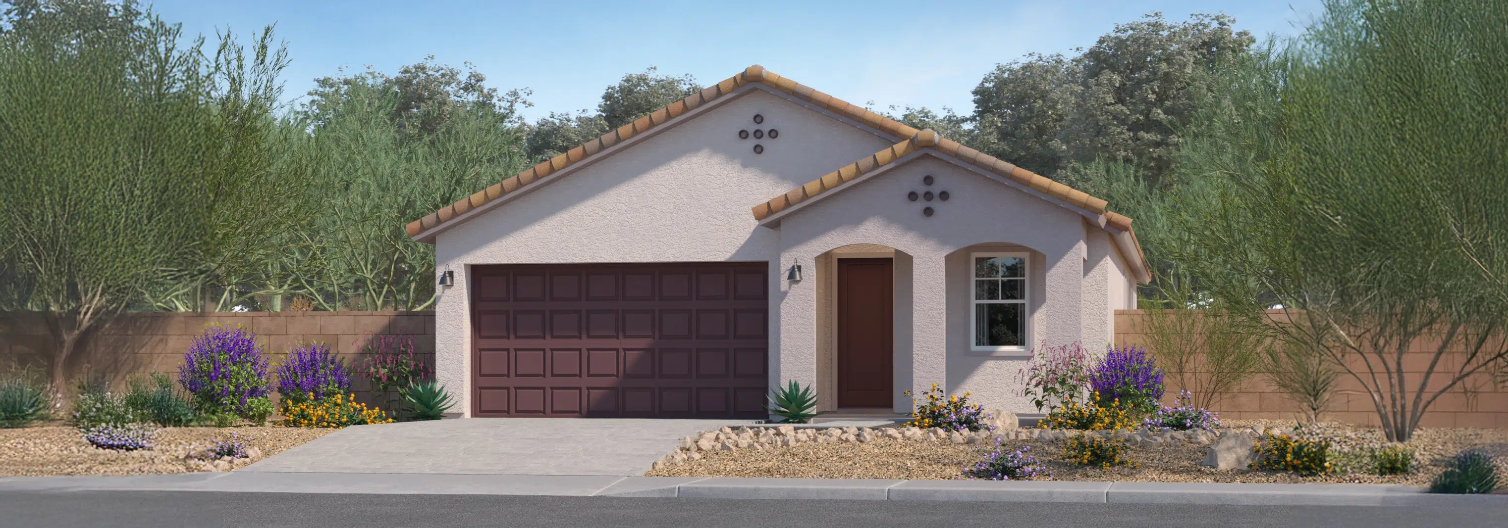 Single-story house with a brown garage door, light-colored stucco exterior, and a landscaped front yard featuring desert plants and gravel.