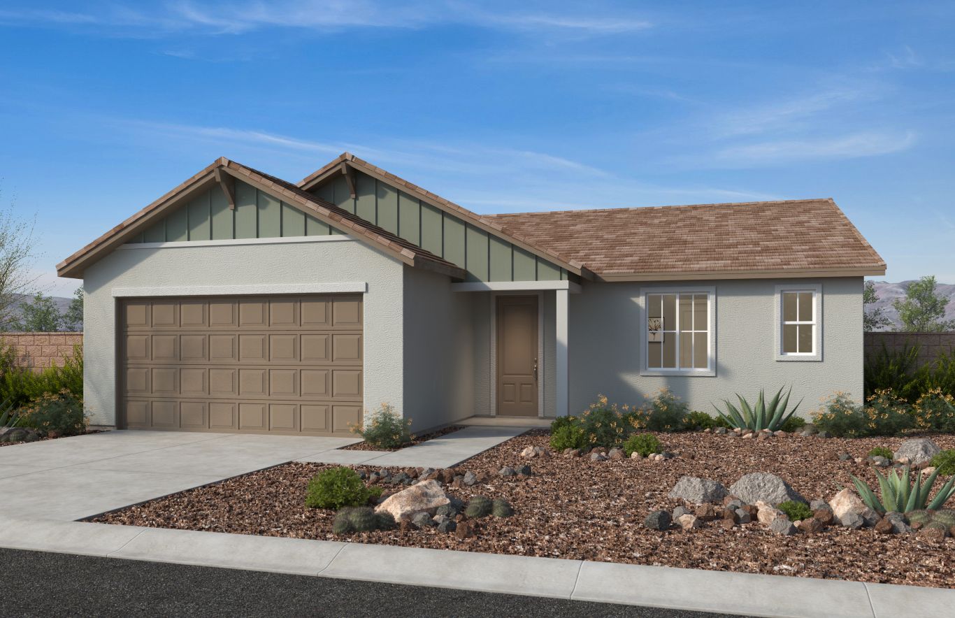 Single-story house with a brown roof, two-car garage, light-colored exterior, and low-maintenance desert landscaping in the front yard.