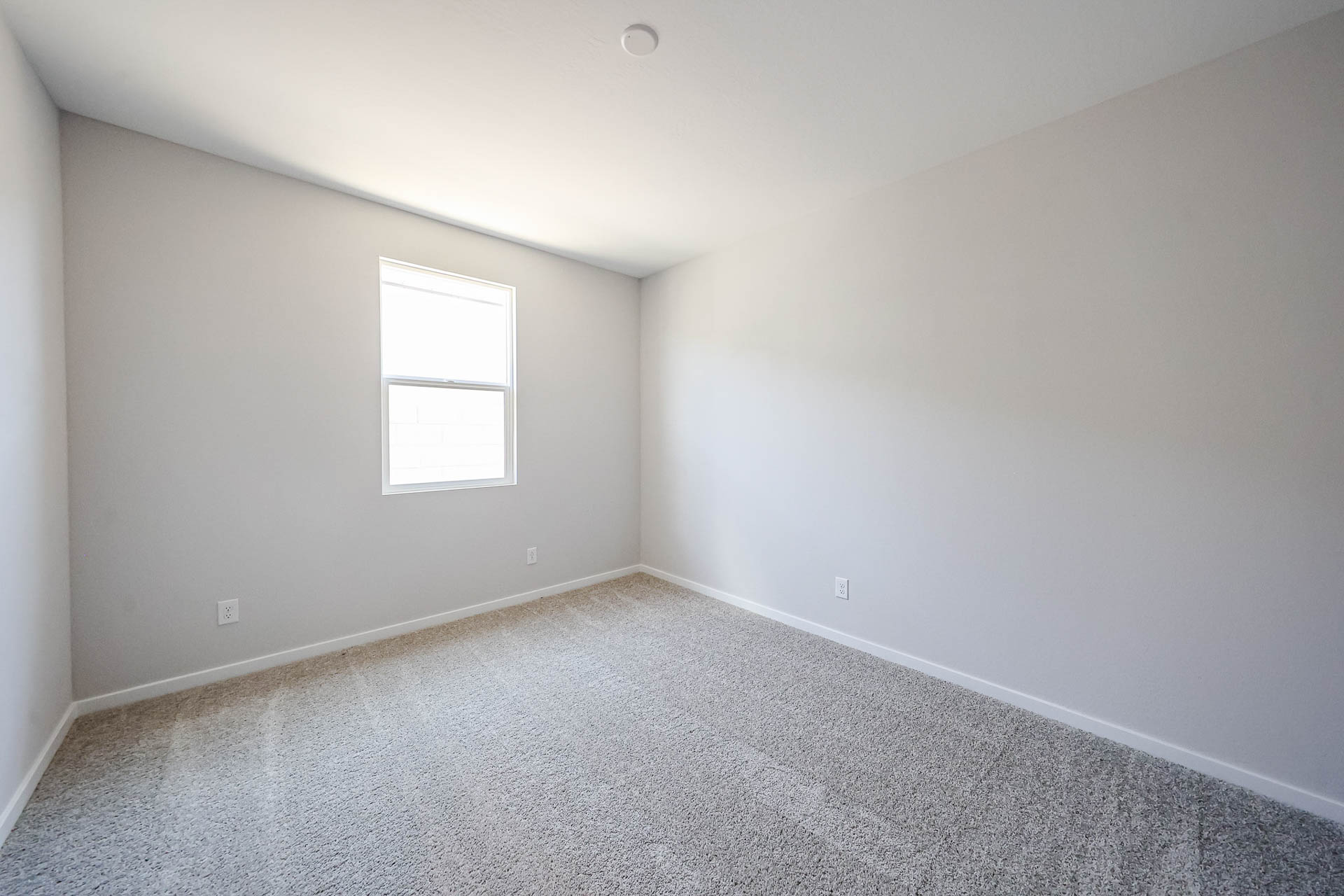 Empty room with light gray carpet, white walls, a single window, and no furniture or decorations.