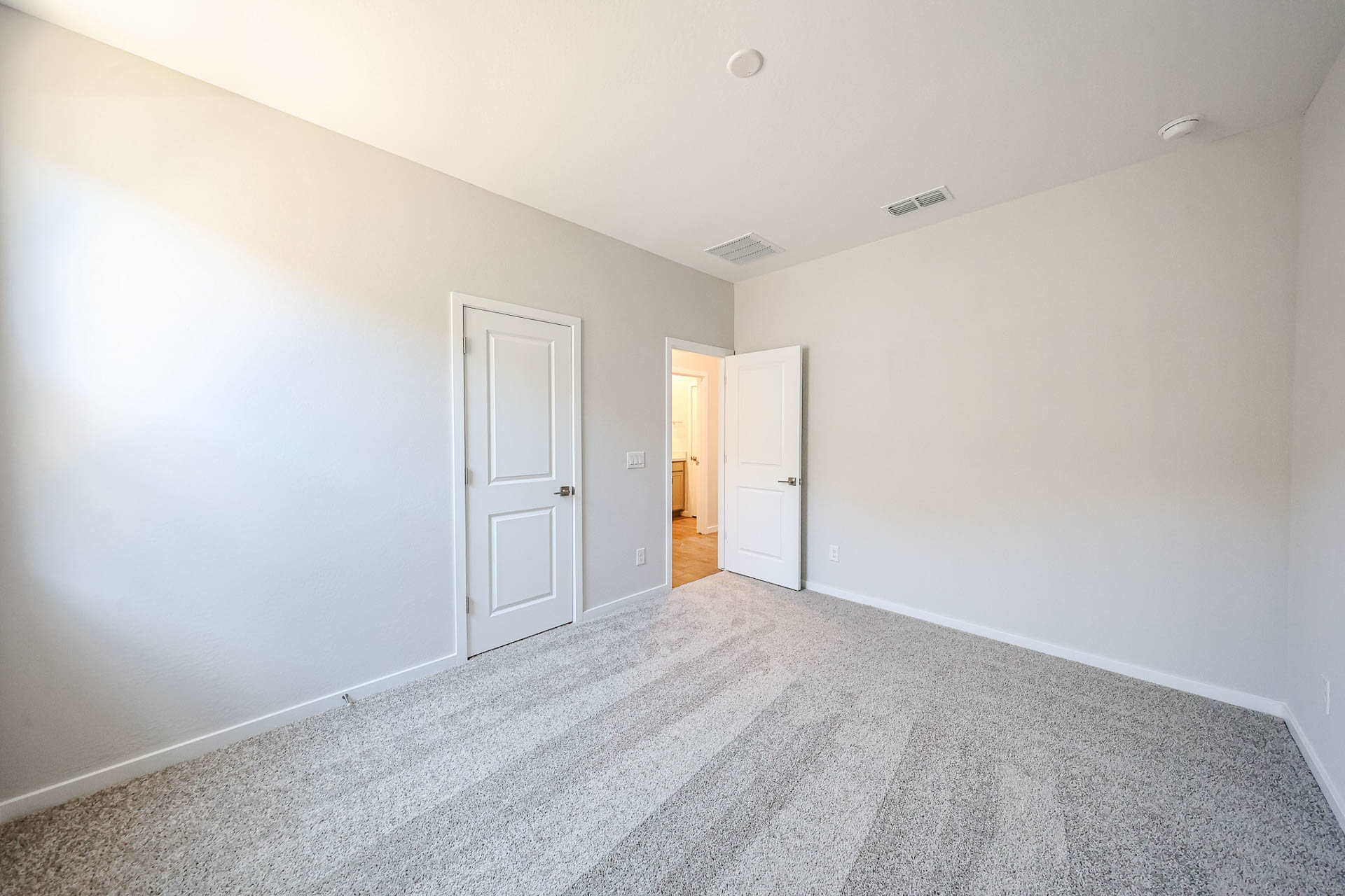 Empty room with light-colored walls, two closed white doors, one open door leading to a lit hallway, and carpeted flooring.