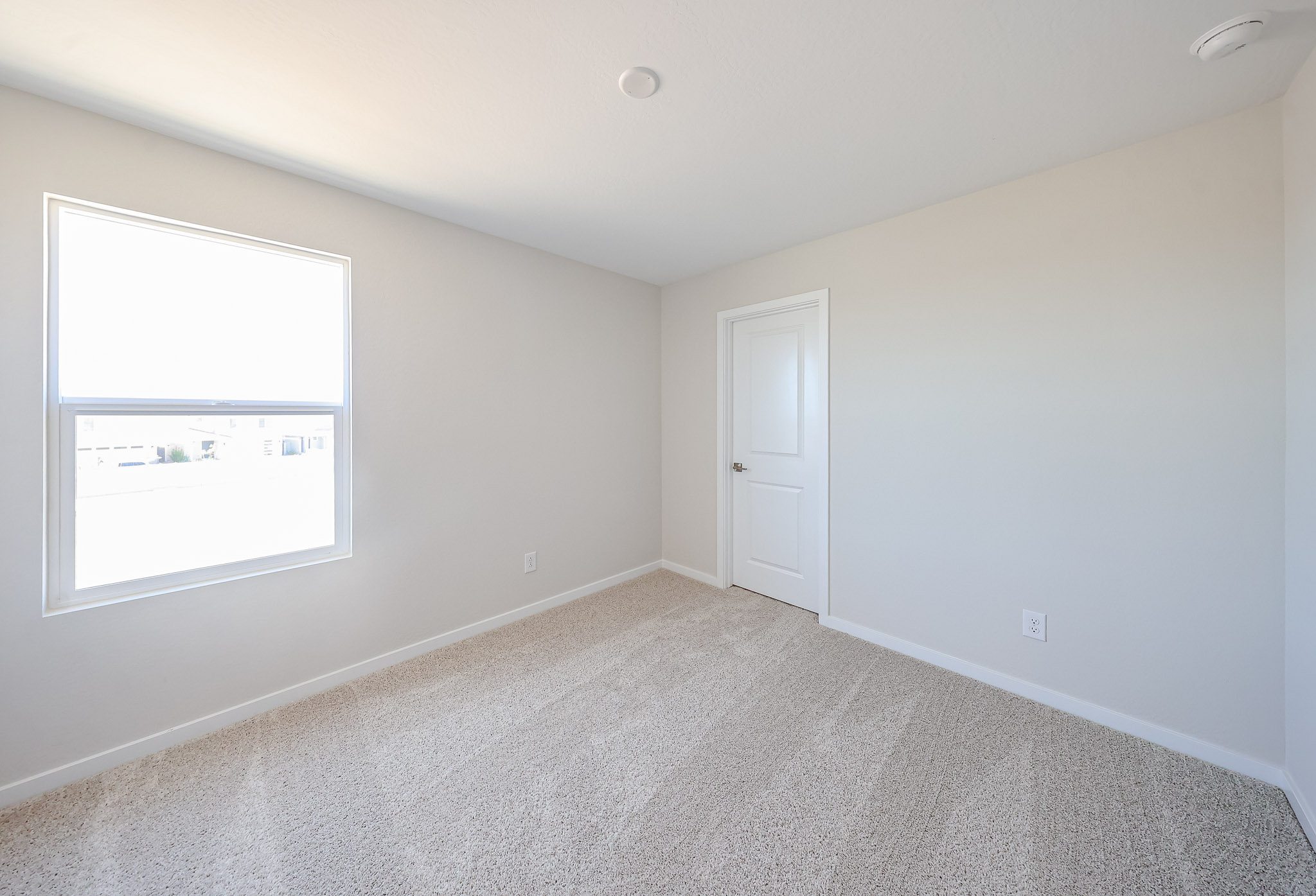 Empty, carpeted room with white walls, a closed white door, a single window letting in daylight, and a ceiling light fixture.
