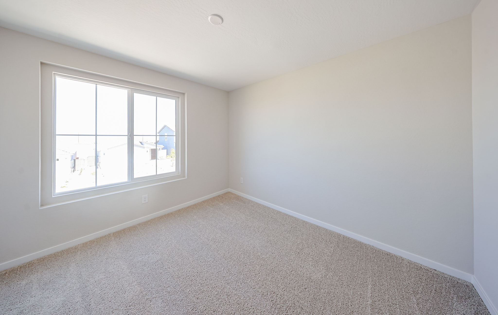 Empty room with beige carpet, white walls, and a large window letting in natural light.