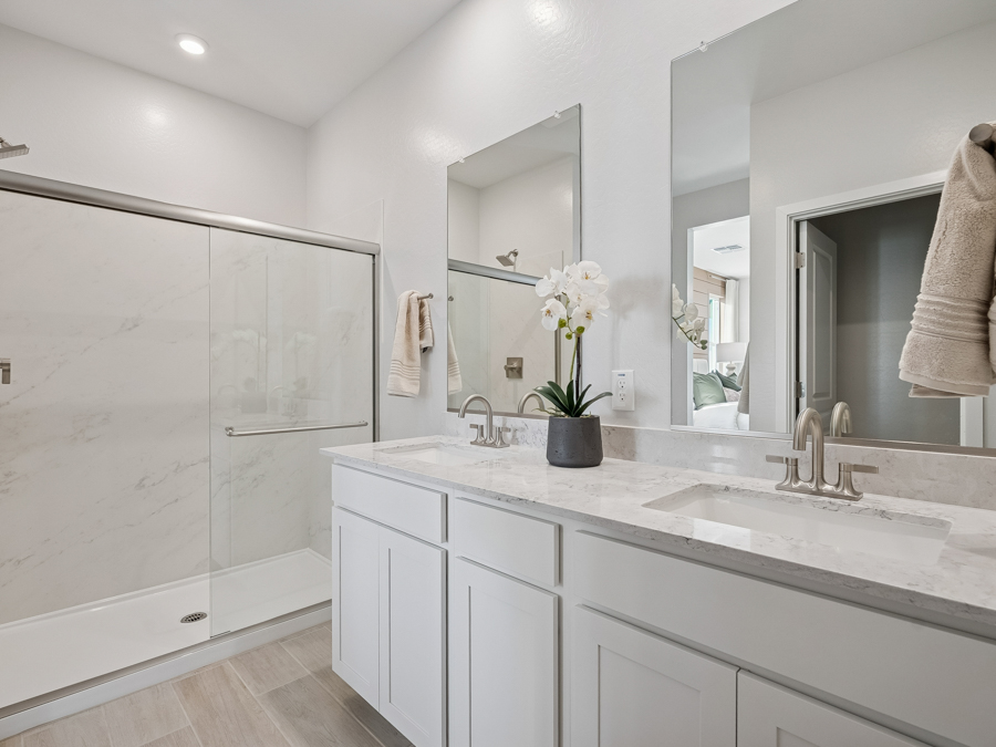 Modern bathroom with double sinks, marble countertop, glass shower, white cabinets, wall mirrors, and a potted orchid on the vanity. Towels are hung beside the sinks and shower.