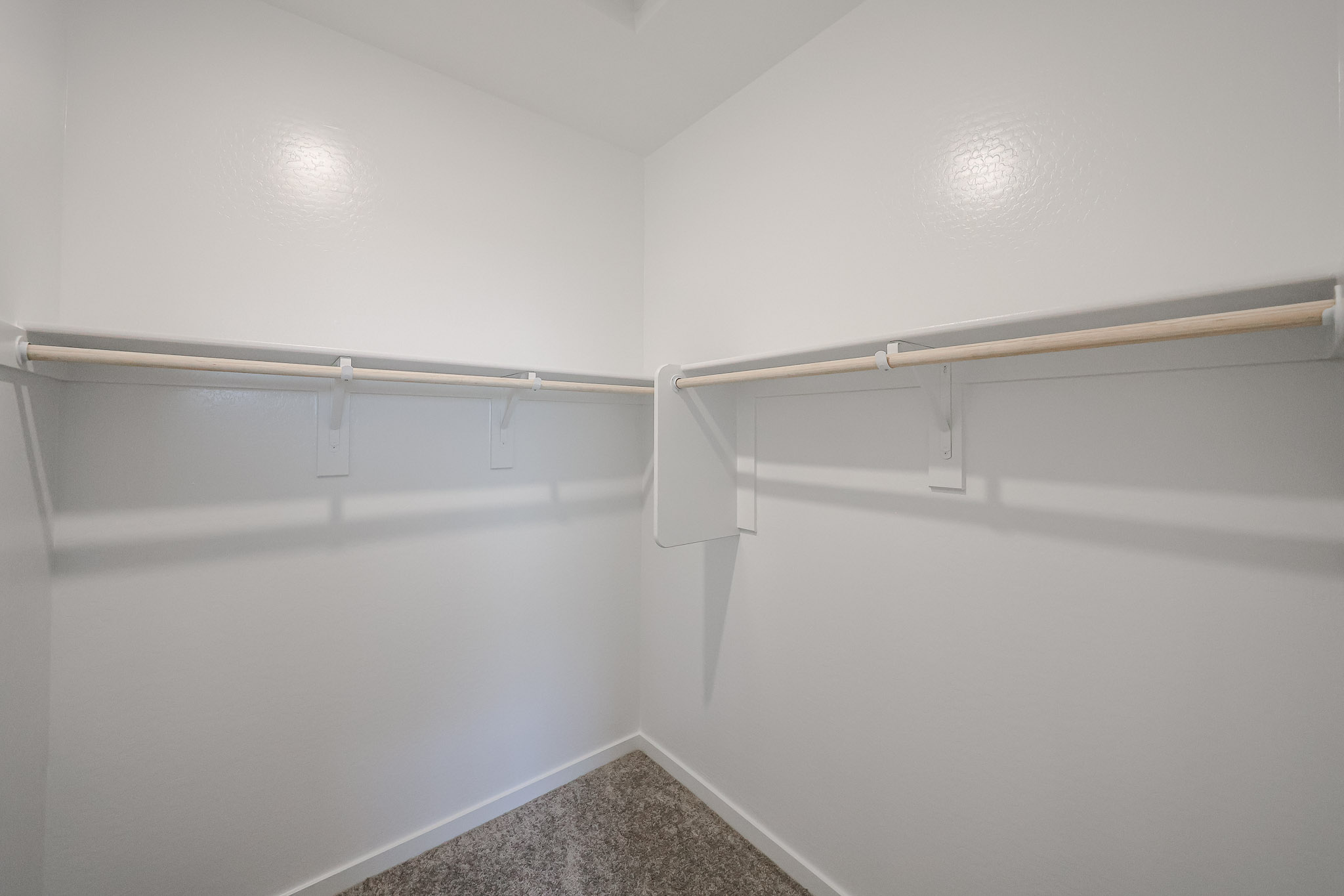 Empty walk-in closet with white walls, beige carpet, and two wooden hanging rods on opposite sides.
