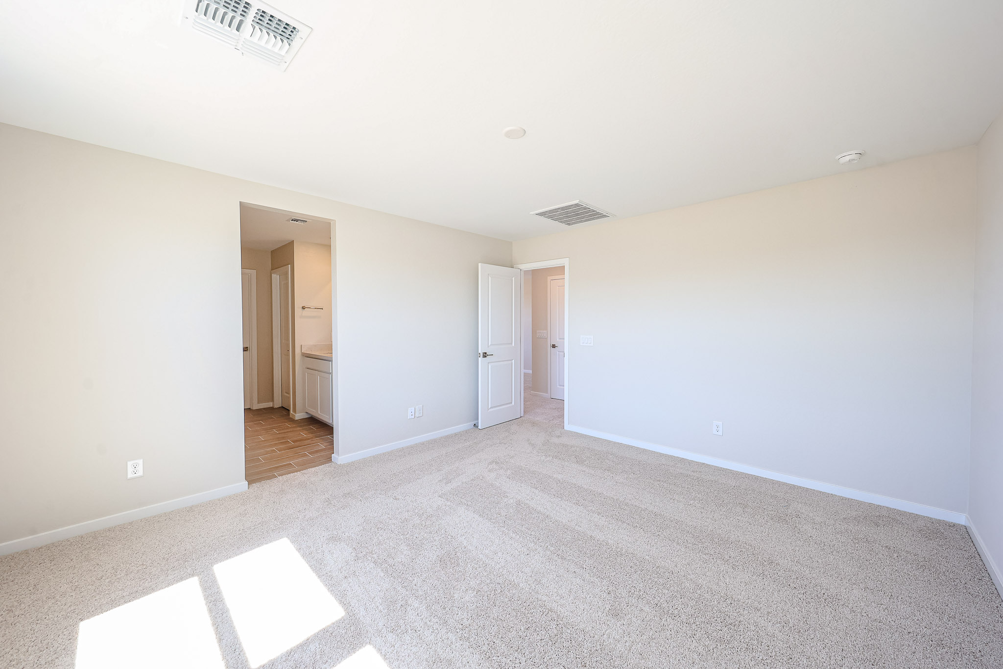 Empty bedroom with beige carpet, white walls, open doorways to a bathroom and hallway, and sunlight coming through a window out of frame.