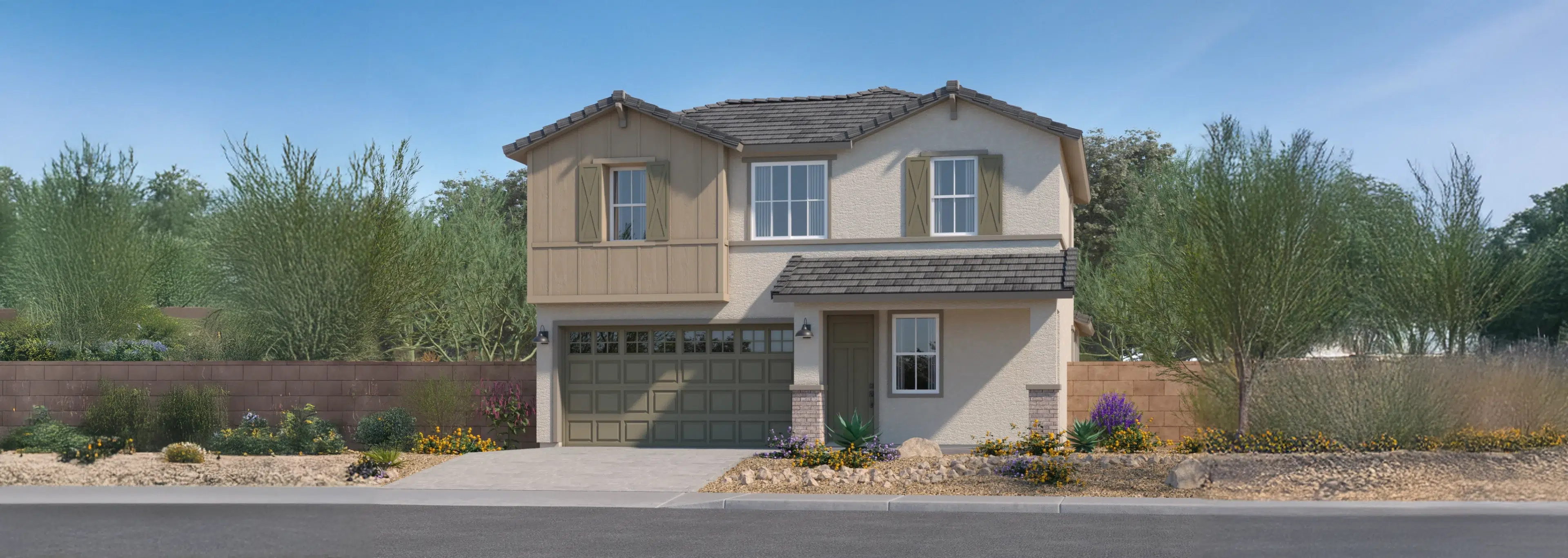 Two-story suburban house with a green garage door, tan and white exterior, and desert landscaping in front yard.