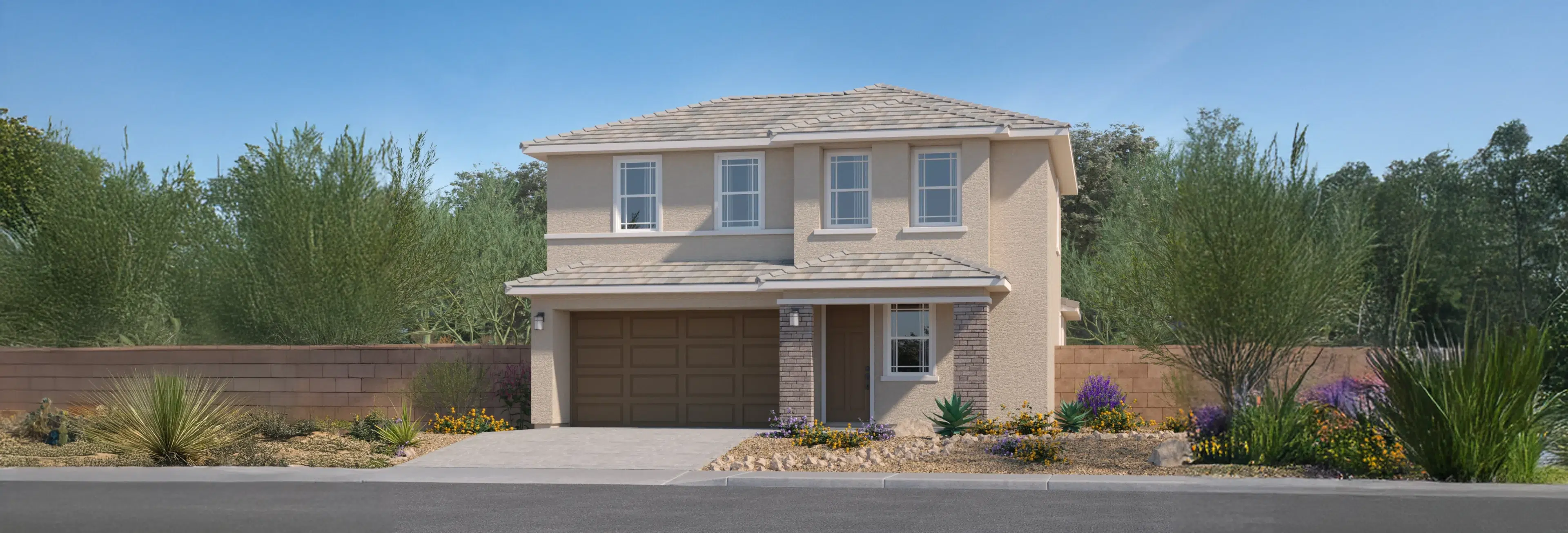 Two-story beige house with a tile roof, double garage, and landscaped front yard featuring desert plants and gravel.