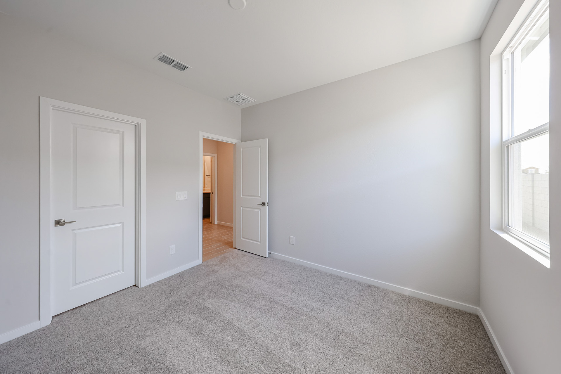 Empty room with light gray carpet, white walls, two closed white doors, an open door to a hallway, and a large window letting in natural light.