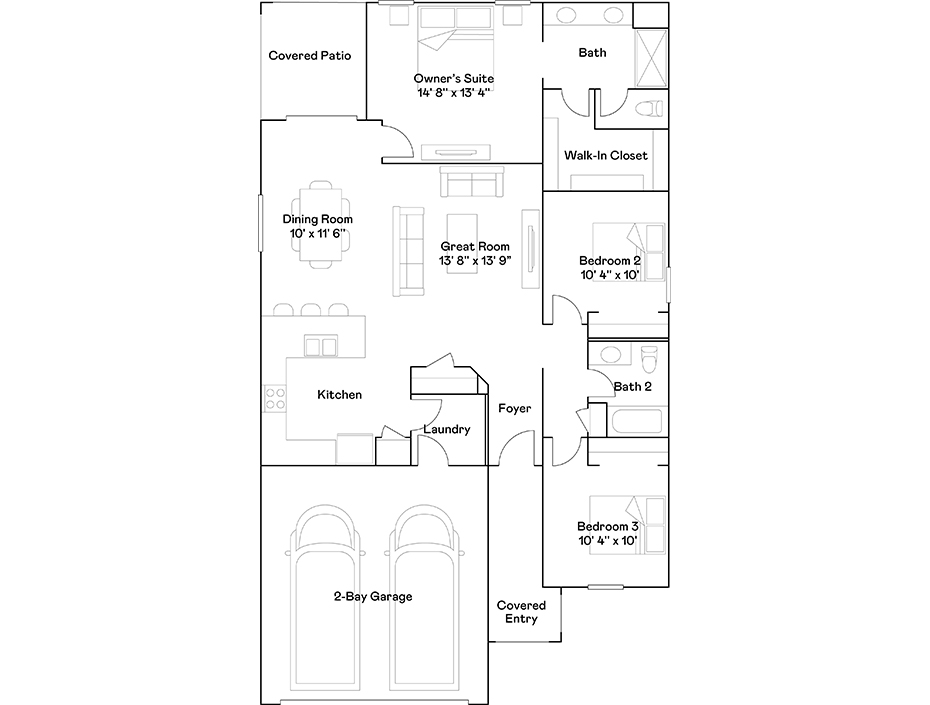 Black and white floor plan of a single-story house with three bedrooms, two baths, great room, dining room, kitchen, laundry, covered patio, and a two-bay garage.