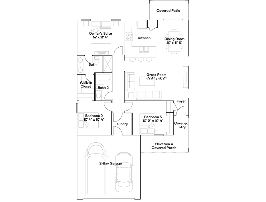 Black and white floor plan of a single-story house with three bedrooms, two bathrooms, kitchen, great room, dining room, laundry, and a 2-bay garage. Covered patio and entry shown.
