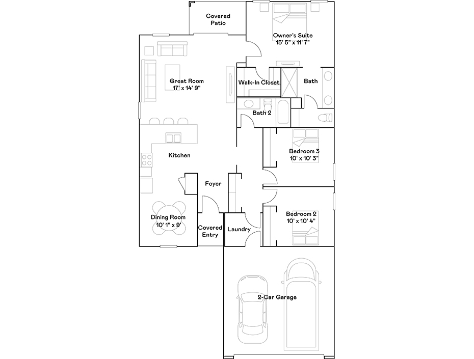 Black and white floor plan showing a single-story home with three bedrooms, two baths, kitchen, dining room, great room, laundry, walk-in closet, covered patio, and a two-car garage.