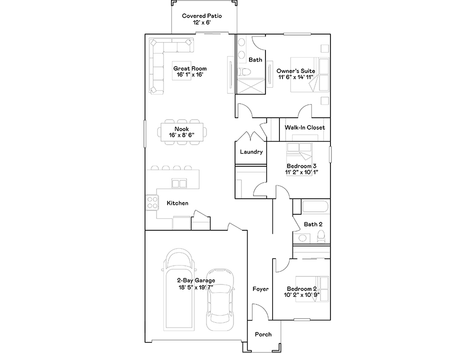 Floor plan of a house showing a 2-bay garage, foyer, kitchen, nook, great room, covered patio, owner's suite with bath and walk-in closet, two bedrooms, two baths, and laundry area.