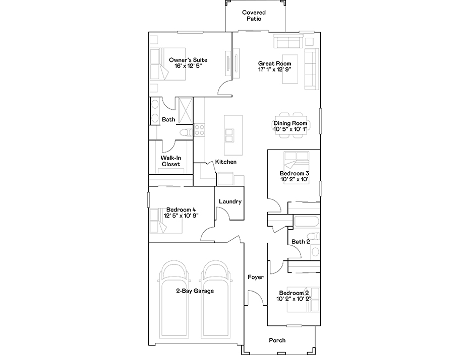 Black and white floor plan of a single-story house with four bedrooms, two bathrooms, a kitchen, dining room, great room, laundry, 2-bay garage, porch, and covered patio.