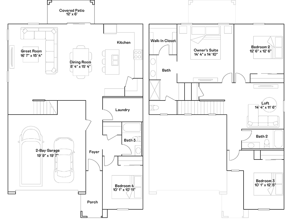 Black and white floor plan of a two-story house showing rooms including a garage, bedrooms, bathrooms, kitchen, great room, dining room, laundry, loft, covered patio, and closets.