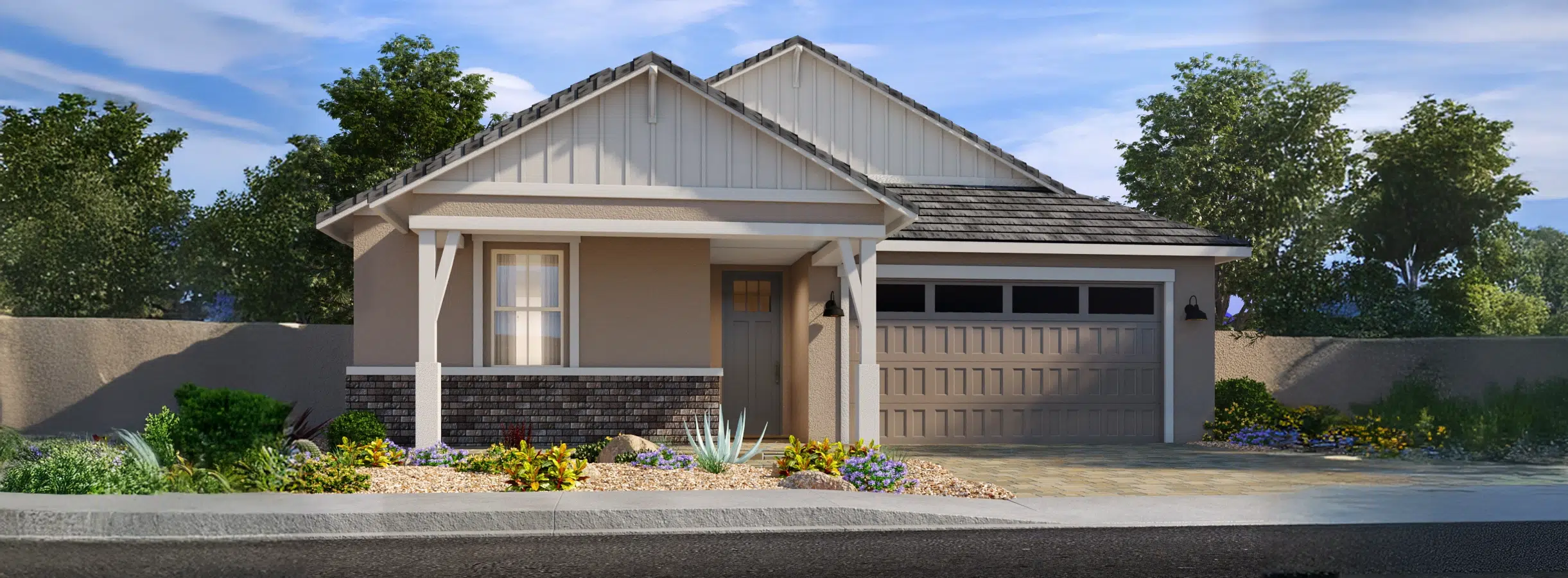 Single-story house with beige siding, white trim, attached two-car garage, front porch, and xeriscaped yard featuring desert plants and rocks.