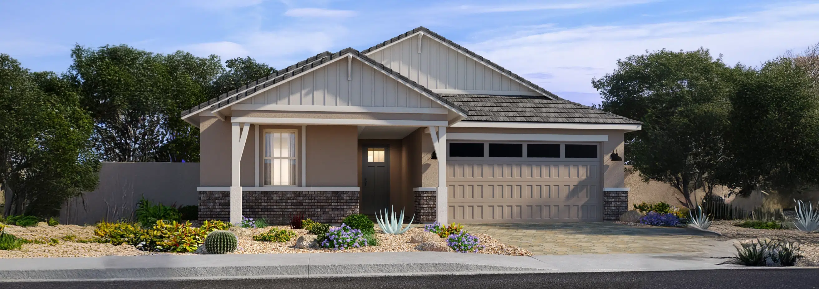 Single-story suburban house with a gable roof, two-car garage, front porch, brick and stucco exterior, and xeriscaped yard with desert plants.
