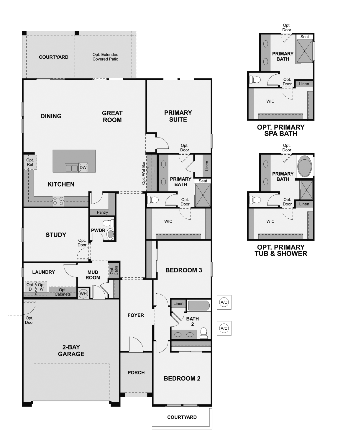 Black and white floor plan of a single-story house featuring three bedrooms, three bathrooms, kitchen, study, laundry, a 2-bay garage, and optional primary bath configurations.