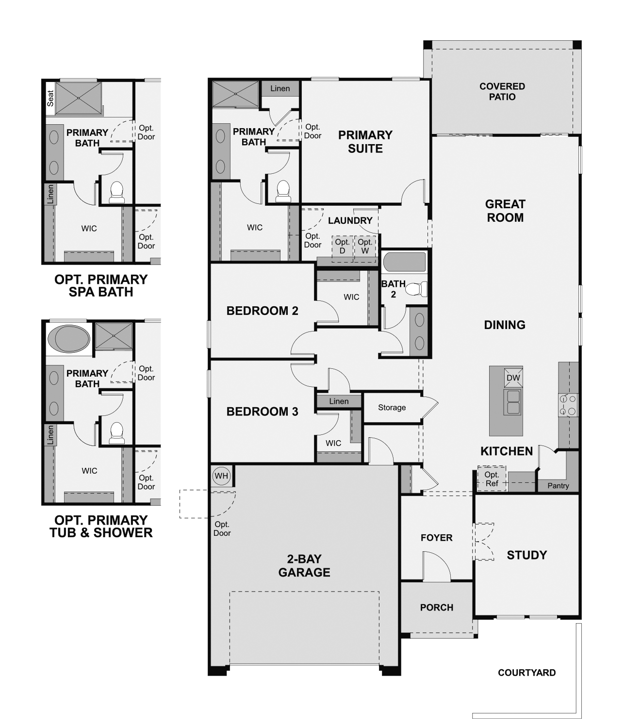 Black and white floor plan of a single-story house featuring three bedrooms, study, kitchen, dining, great room, laundry, two bathrooms, garage, and a covered patio, with optional bath layouts.