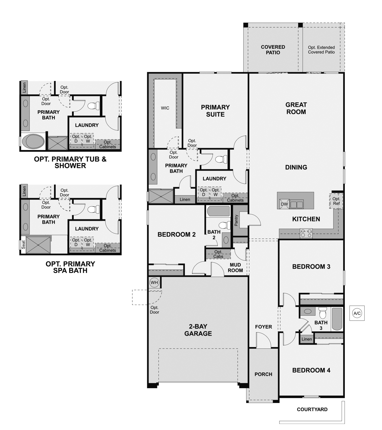 Black and white floor plan of a single-story house with four bedrooms, three baths, great room, kitchen, dining area, laundry, mud room, 2-bay garage, courtyard, and covered patio.