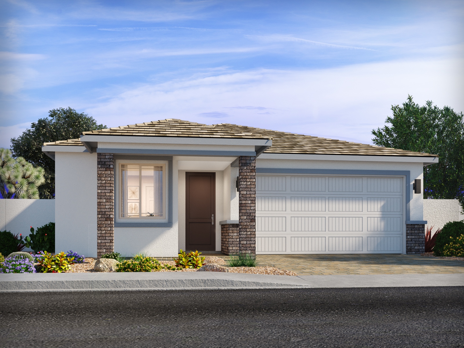 Single-story modern house with a brown front door, white exterior, brick accents, two-car garage, and desert landscaping under a blue sky.