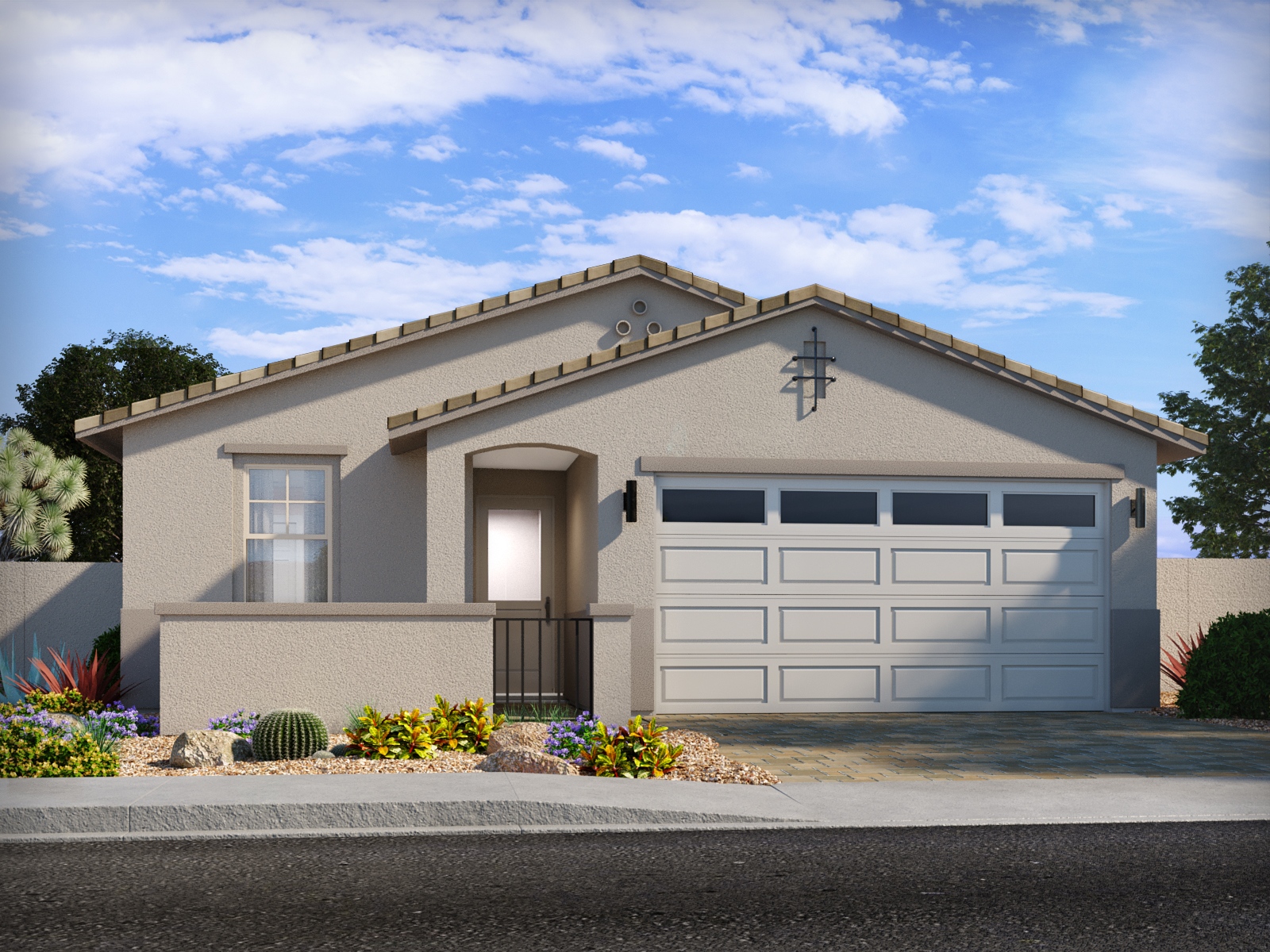 Single-story beige house with a tiled roof, two-car garage, desert landscaping, and a small covered entryway under a partly cloudy blue sky.