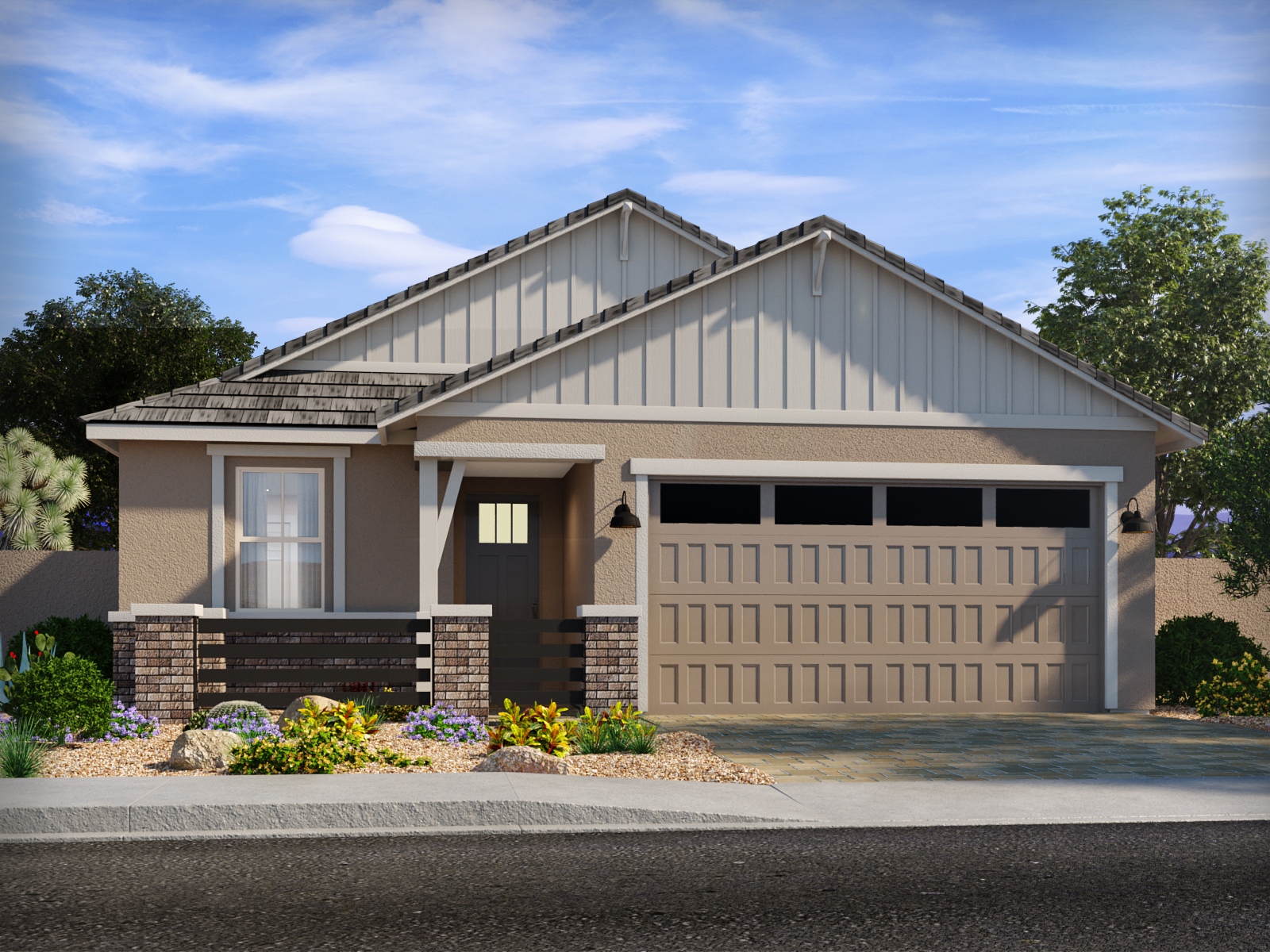 Single-story suburban house with tan siding, large front garage, covered porch, and landscaped yard under a blue sky.