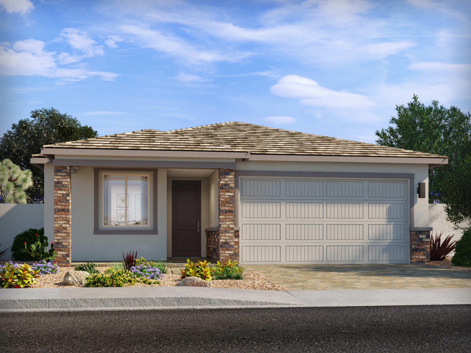 Single-story house with a two-car garage, brick and stucco exterior, landscaped front yard, and a cloudy sky overhead.