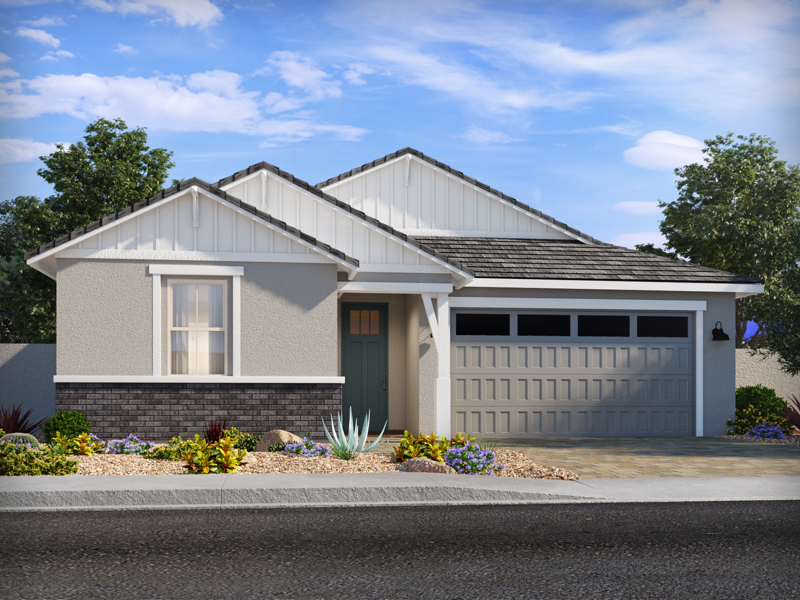 Single-story suburban house with light-colored siding, gray shingle roof, two-car garage, and desert landscaping in front. Blue sky with scattered clouds in the background.