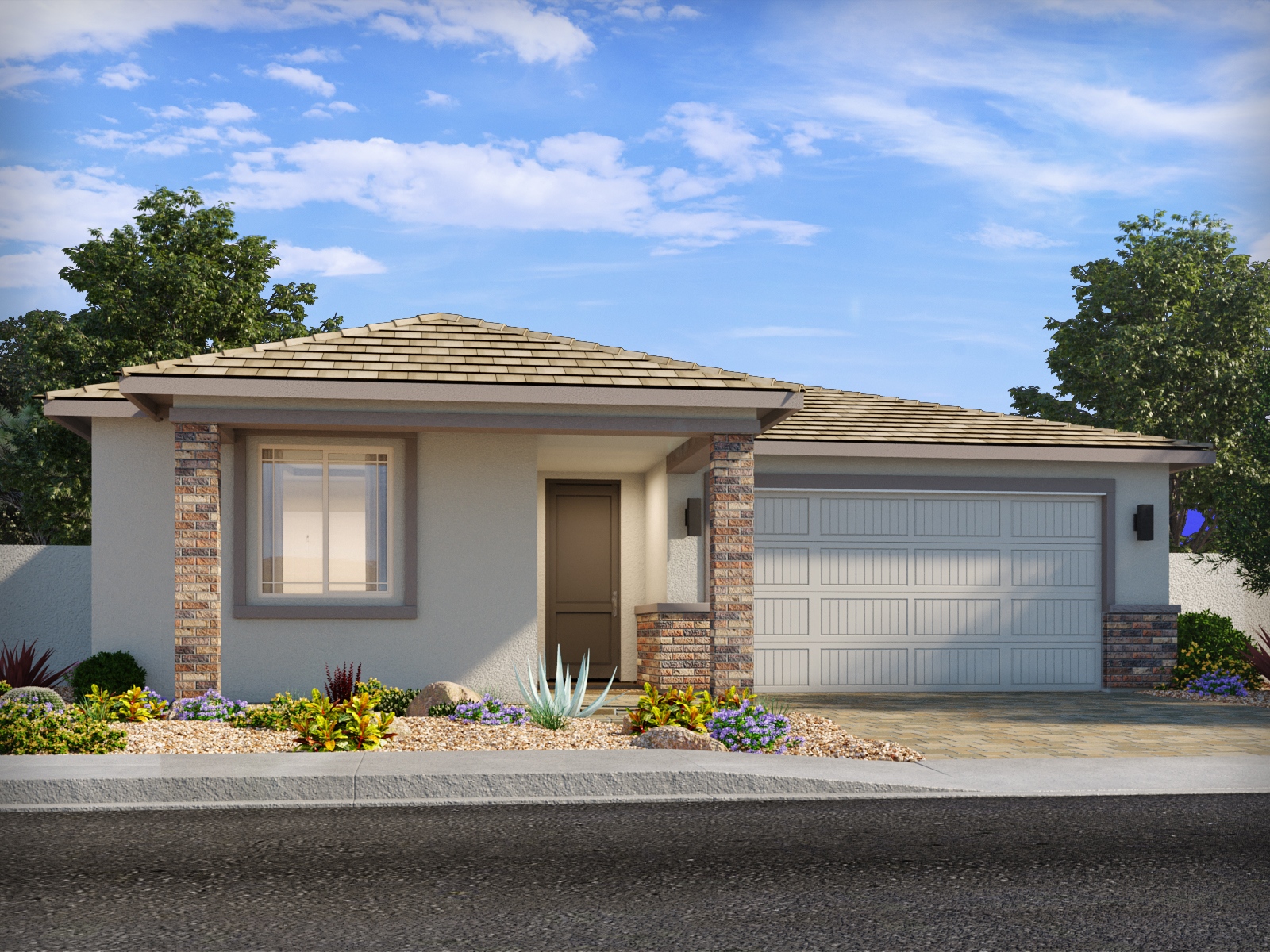Single-story house with light-colored exterior, stone accents, a two-car garage, and xeriscaped front yard under a partly cloudy sky.