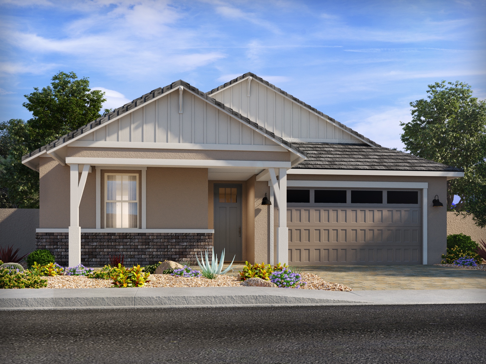Single-story house with a gable roof, front porch, stone accents, beige siding, two-car garage, and xeriscaped front yard with desert plants.