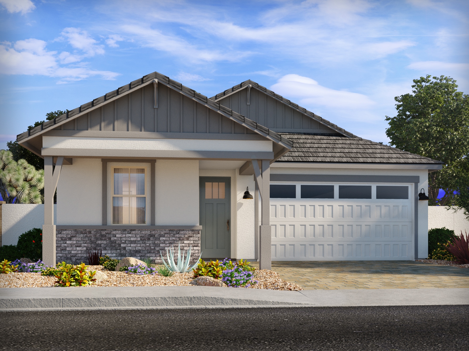 Single-story house with gray roof, white and beige exterior, front porch, double garage, landscaped yard with rocks and plants, and a cloudy sky in the background.