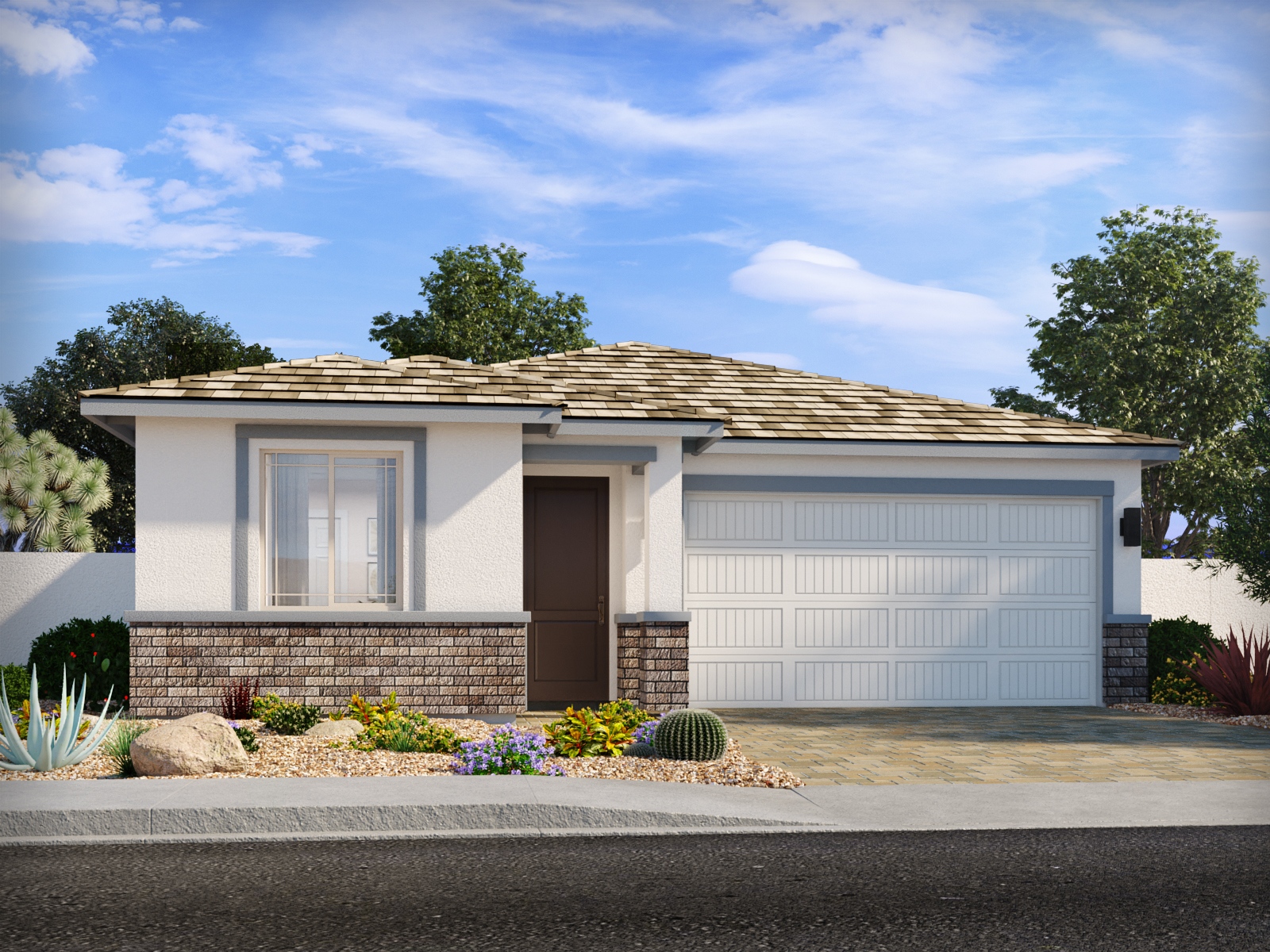 Single-story house with a two-car garage, brown front door, brick trim, tile roof, desert landscaping, and a clear blue sky.