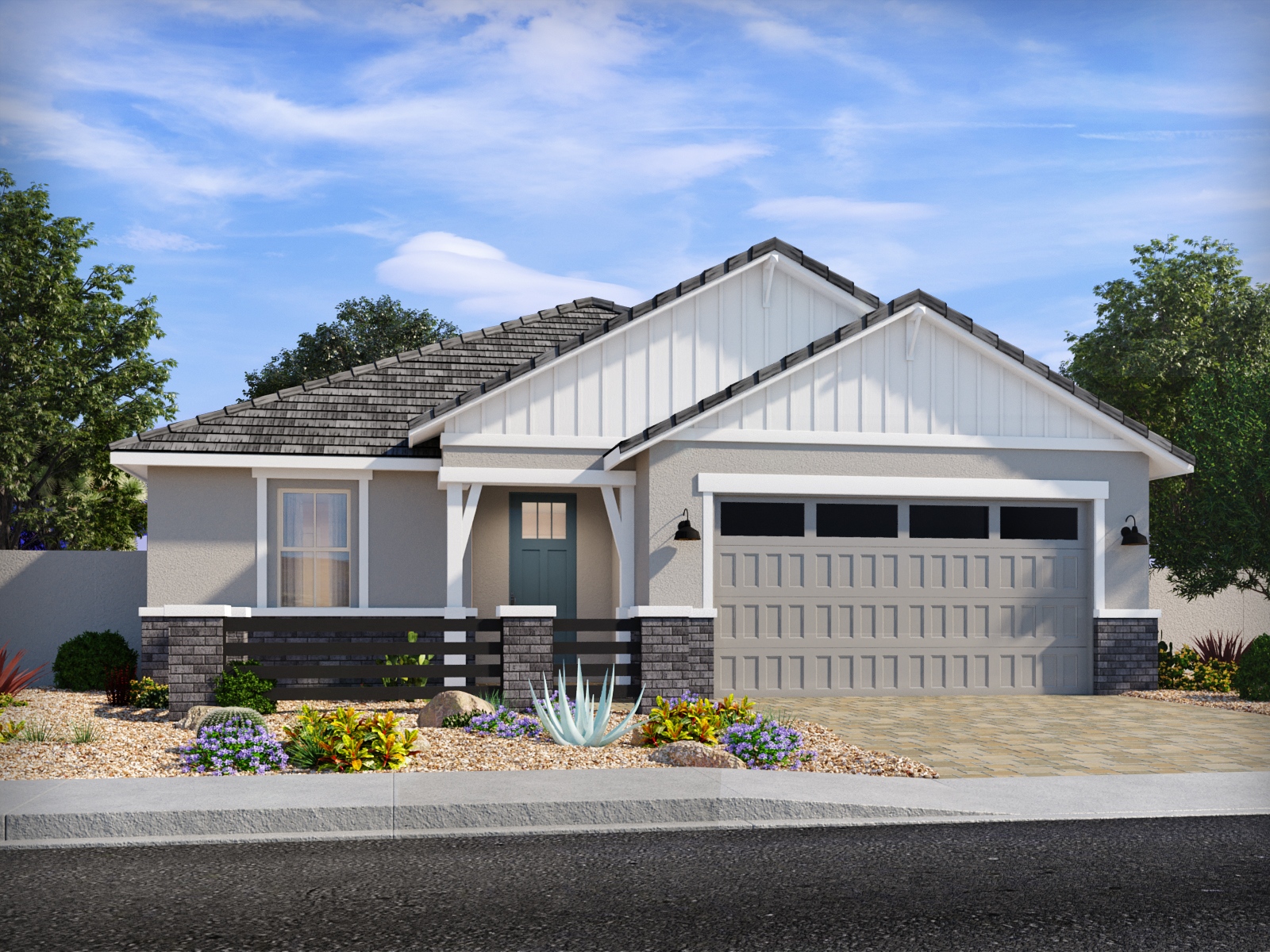 Single-story house with gray roof, white siding, double garage, front porch, and xeriscaped yard with rocks and drought-tolerant plants under a partly cloudy sky.