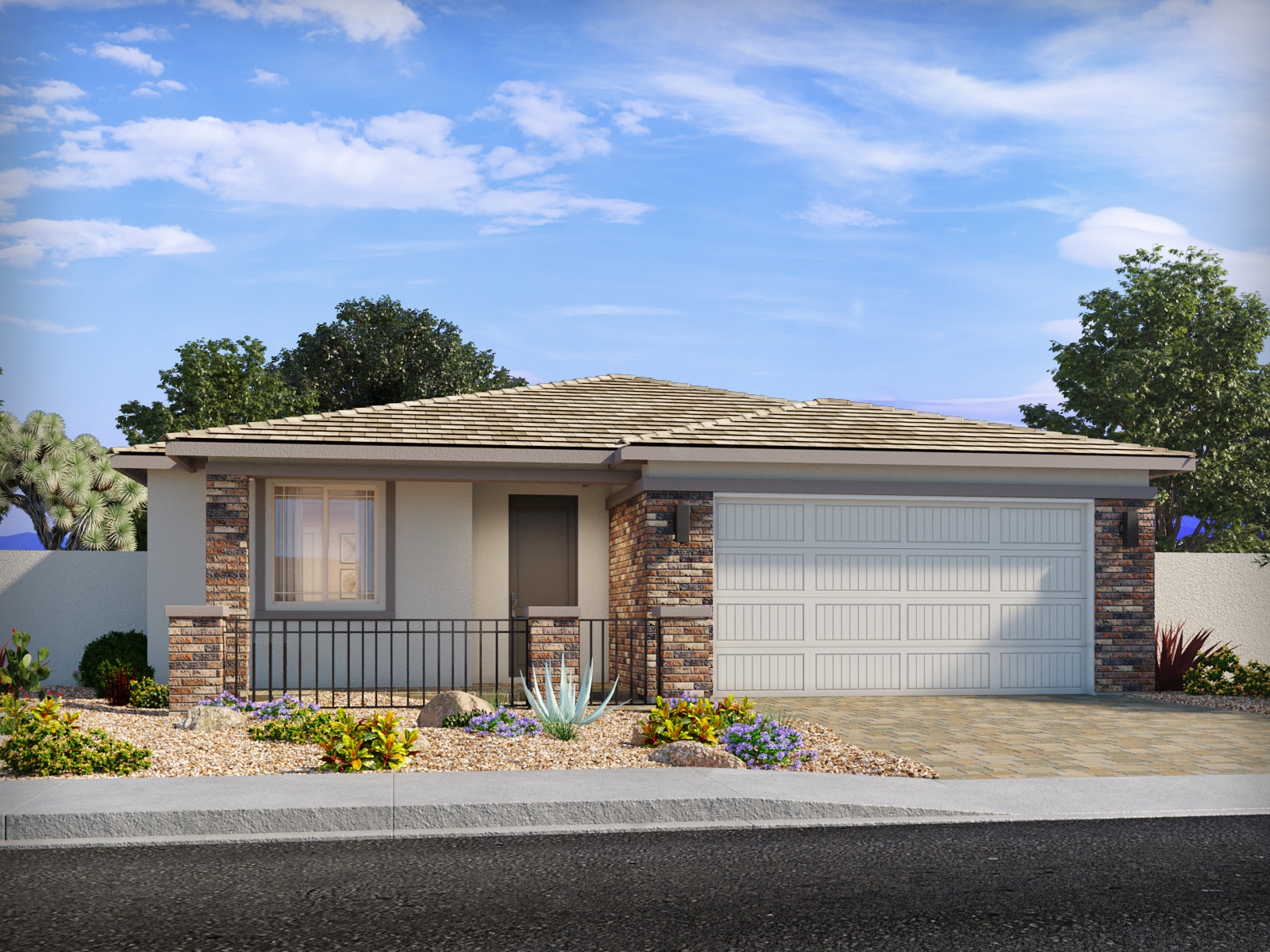 Single-story house with a two-car garage, stone accents, desert landscaping, and a paved driveway under a partly cloudy sky.