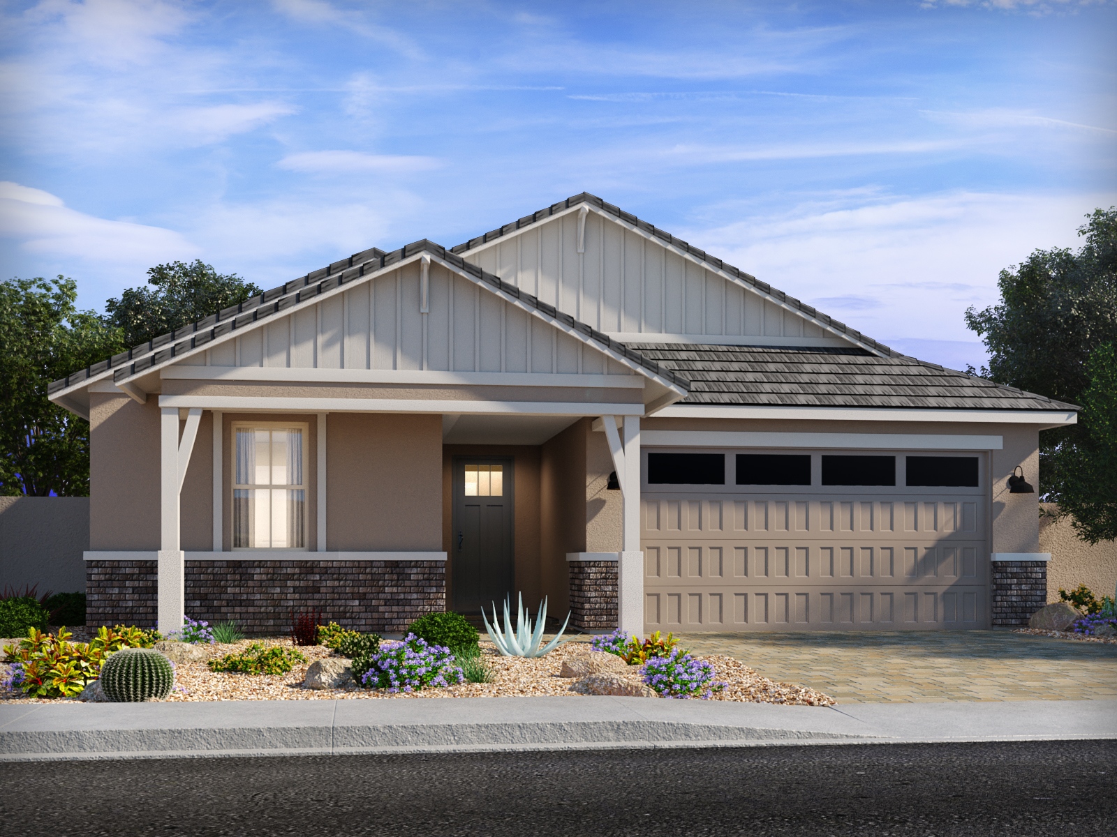 Single-story suburban house with a two-car garage, landscaped front yard with desert plants, and a covered porch under a partly cloudy sky.