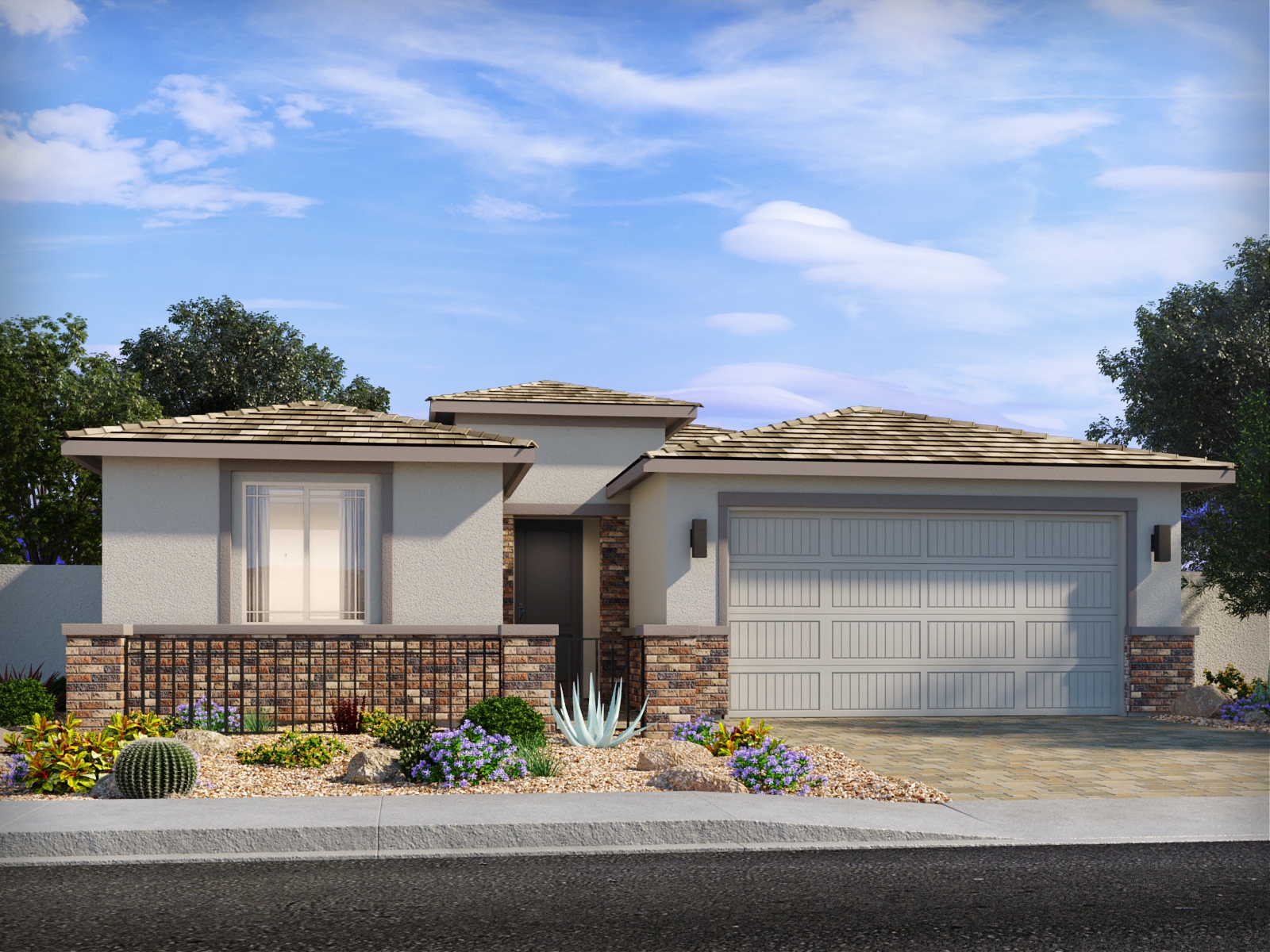 Single-story house with a stone and stucco exterior, two-car garage, desert landscaping, and a clear sky in the background.
