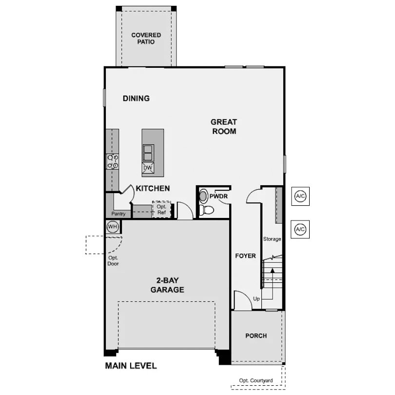 Main level floor plan showing a 2-bay garage, kitchen, pantry, dining area, great room, foyer, storage, powder room, porch, and covered patio.