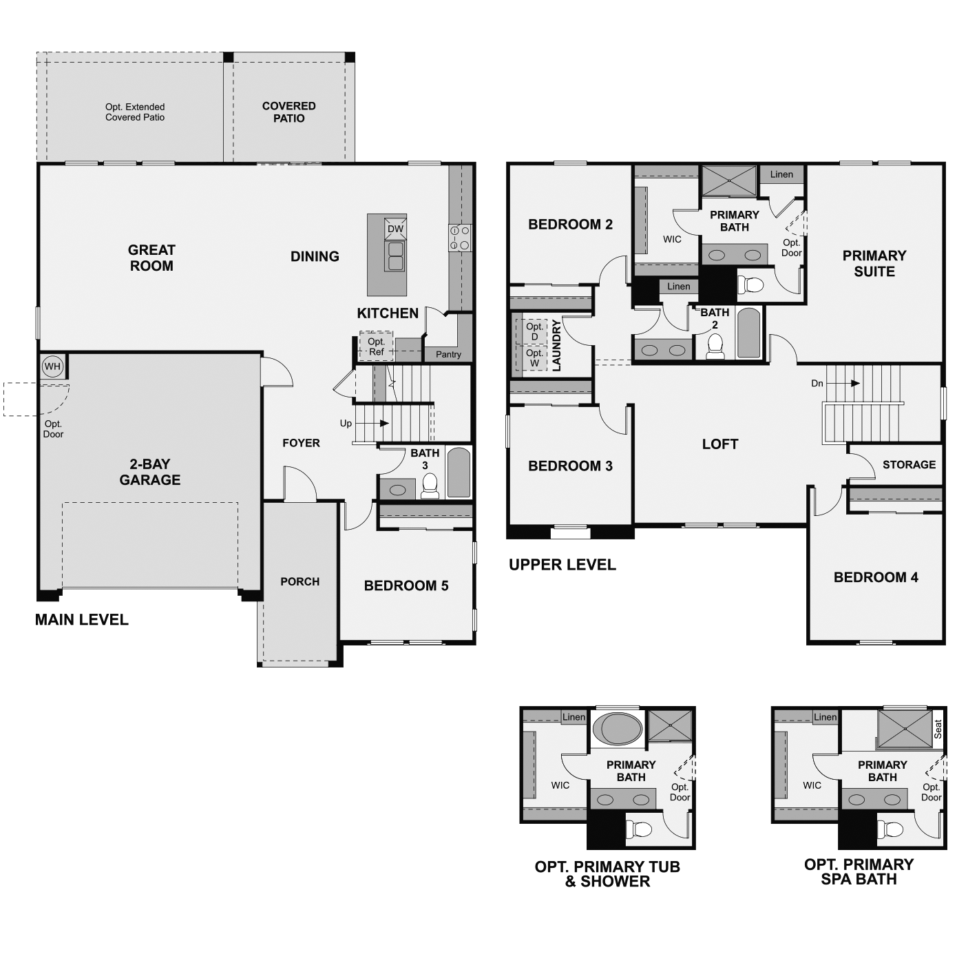 Black and white floor plan of a two-story house with five bedrooms, a 2-bay garage, loft, great room, kitchen, dining, and optional spa bath or tub/shower layouts for the primary suite.