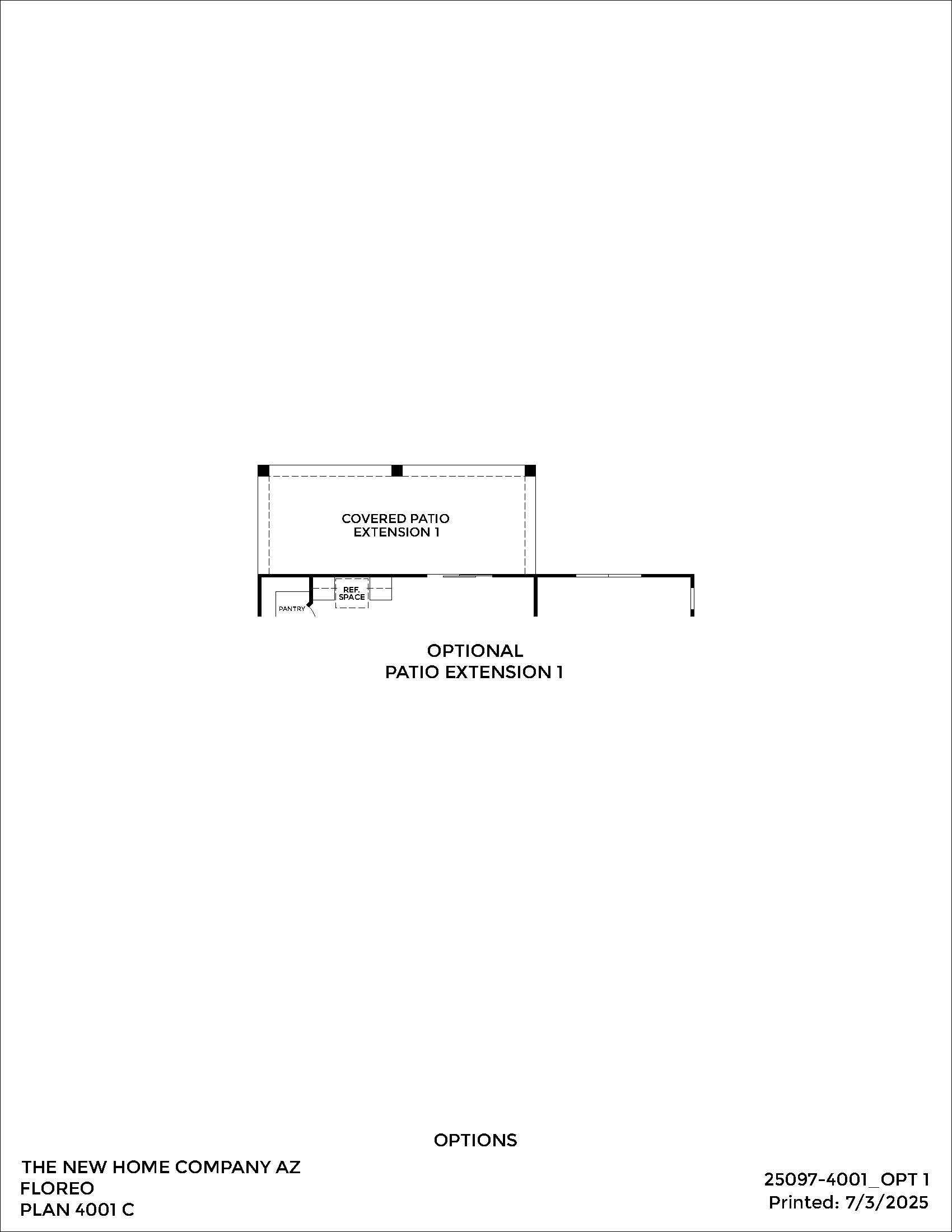 Floor plan diagram showing a covered patio and an optional patio extension for a residential home design by The New Home Company AZ, Floreo, Plan 4001 C.