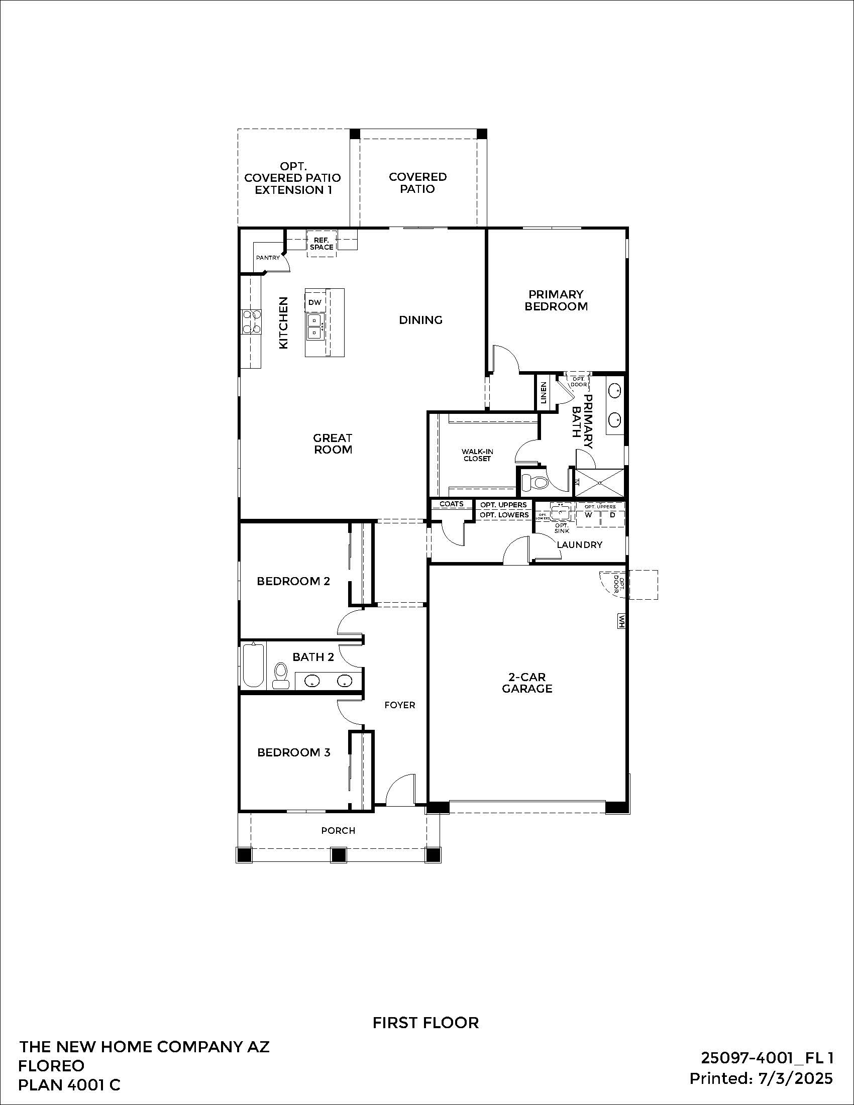 Black and white floor plan of a single-story house with three bedrooms, three bathrooms, kitchen, dining, great room, covered patio, porch, and a two-car garage.