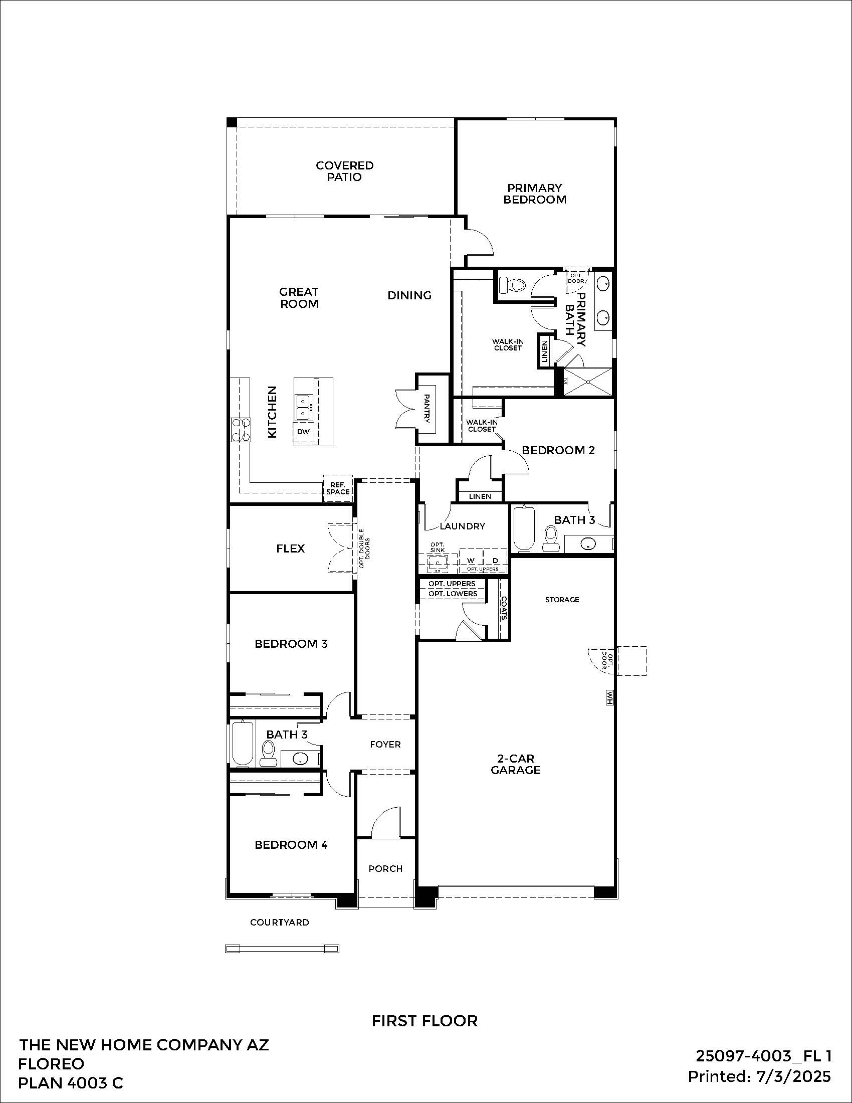 Black and white floor plan of a single-story home showing four bedrooms, three bathrooms, a 2-car garage, great room, dining area, kitchen, flex room, laundry, and covered patio.
