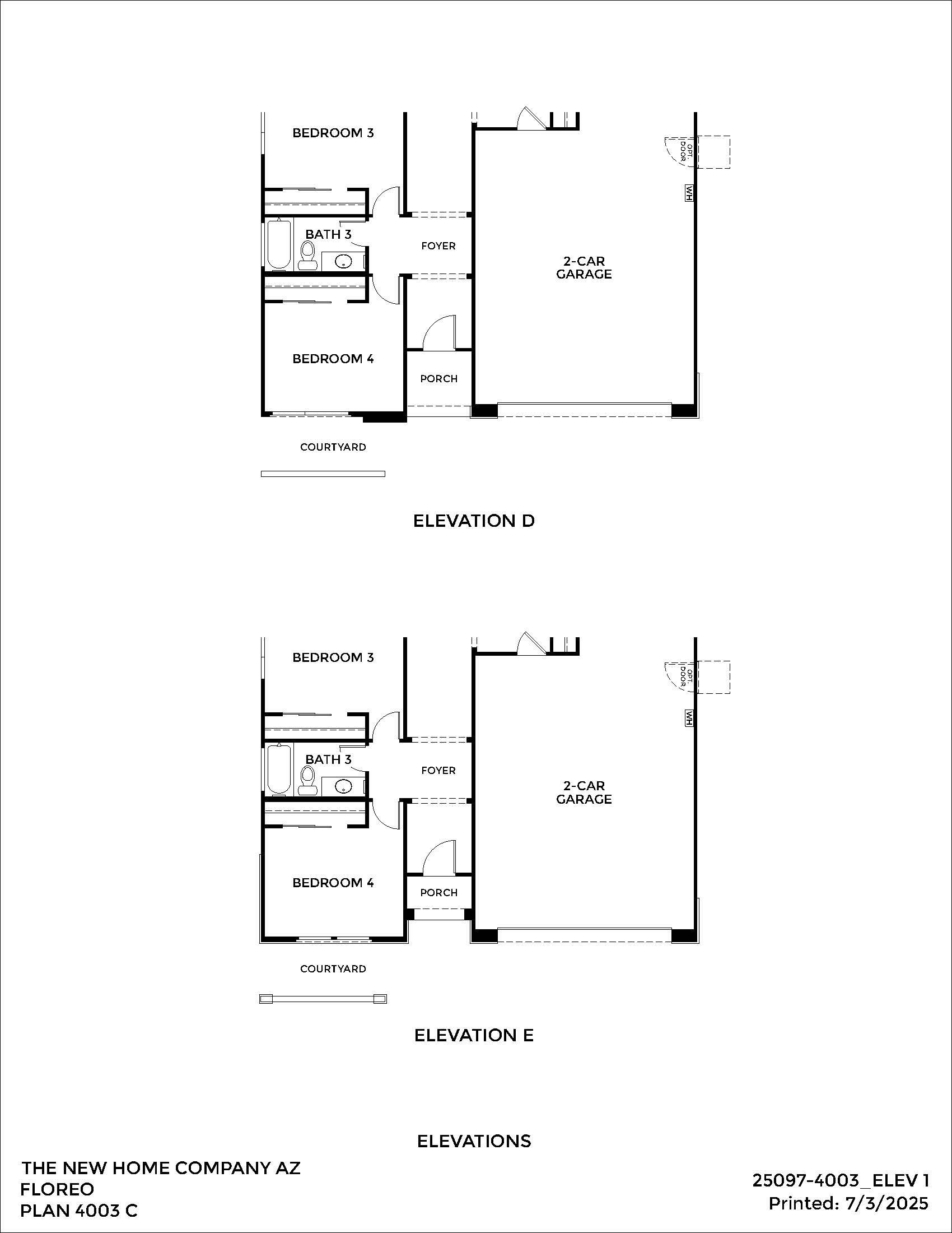 Architectural plan showing two home elevations, D and E, each with a two-car garage, courtyard, foyer, three bedrooms, and two bathrooms. Drawings are labeled with company and plan details.