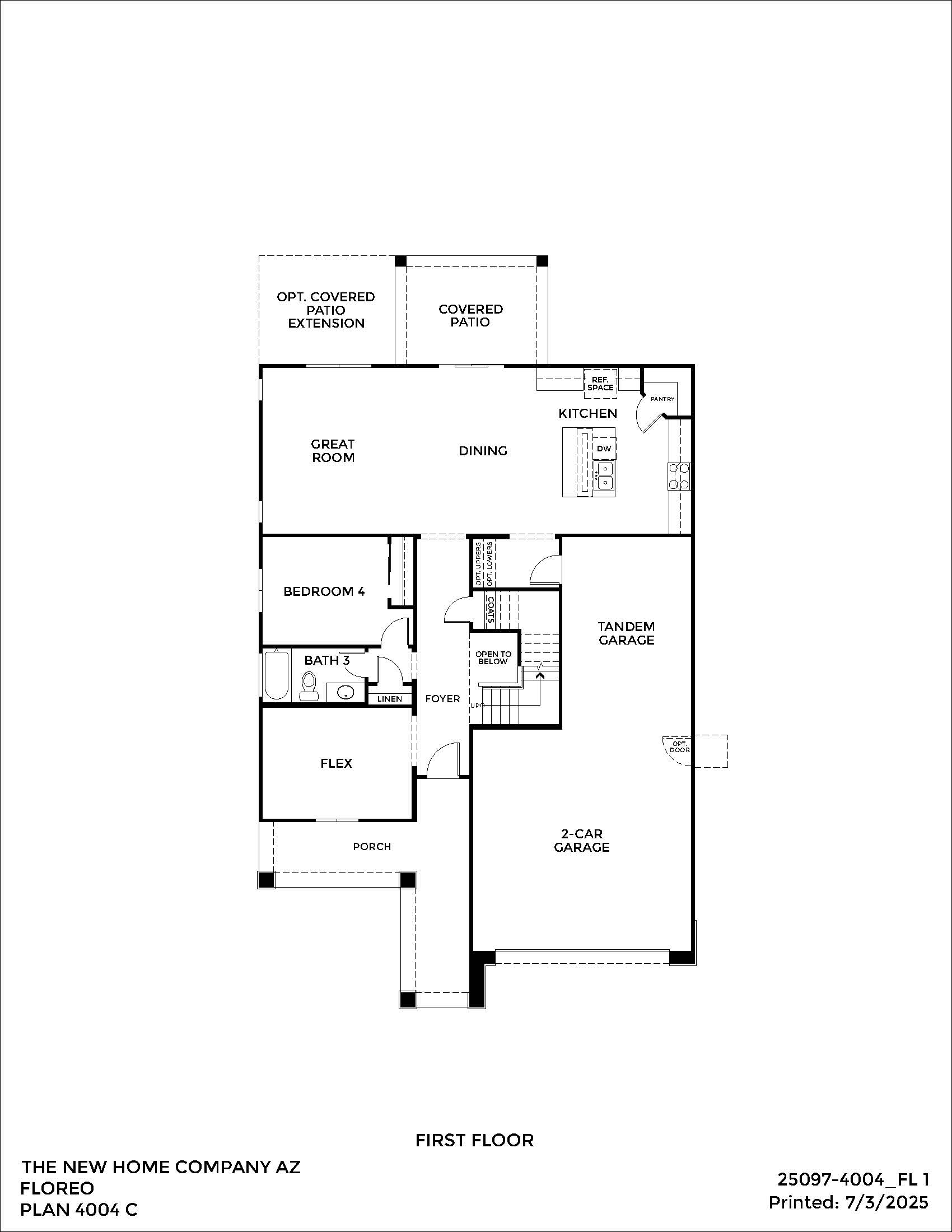 First floor plan showing kitchen, dining, great room, bedroom, bath, flex room, foyer, porch, 2-car garage, tandem garage, and covered patio options.