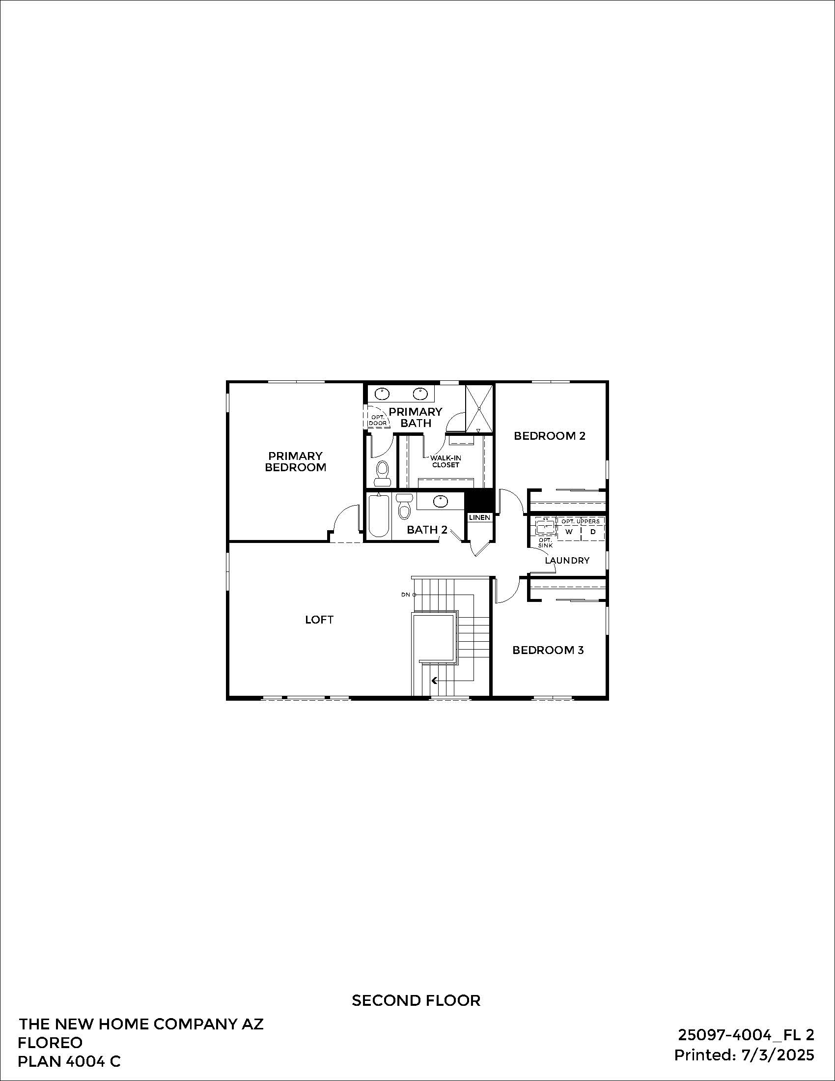 Second floor plan with primary bedroom, primary bath, two additional bedrooms, loft area, laundry room, and stairs.