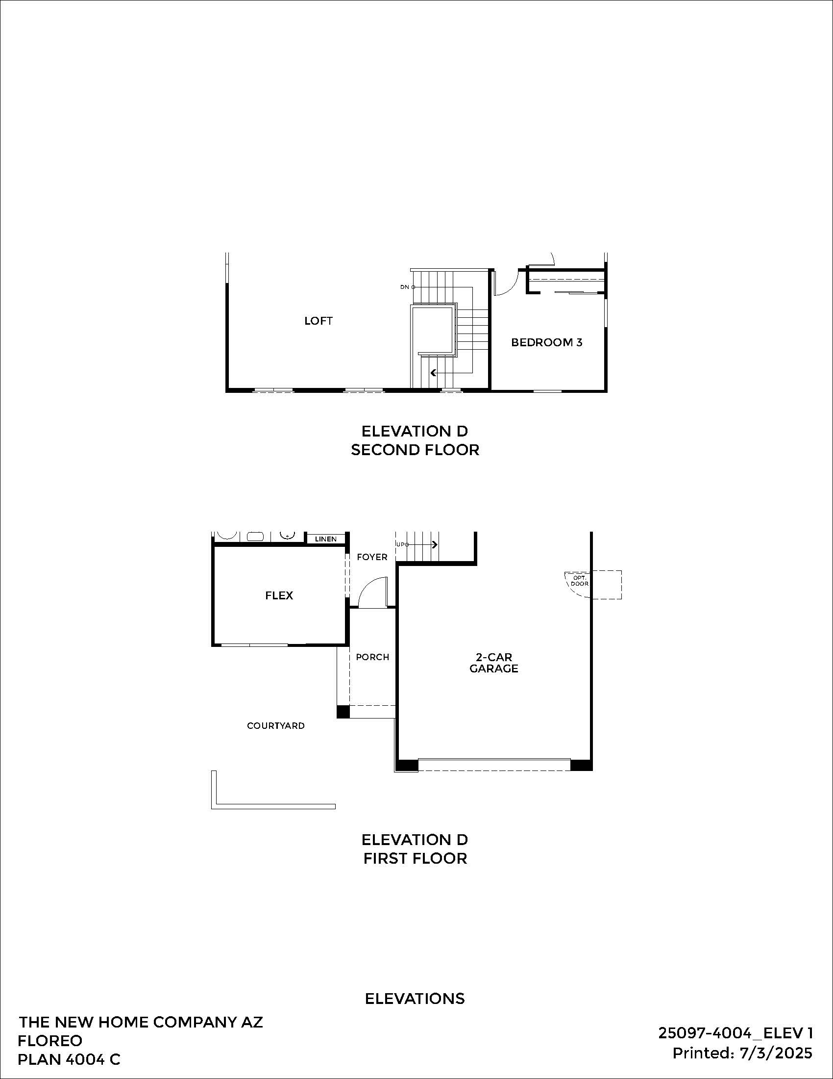 Black and white floor plan of a two-story house showing a first floor with garage, porch, courtyard, and flex room, and a second floor with a loft and bedroom.