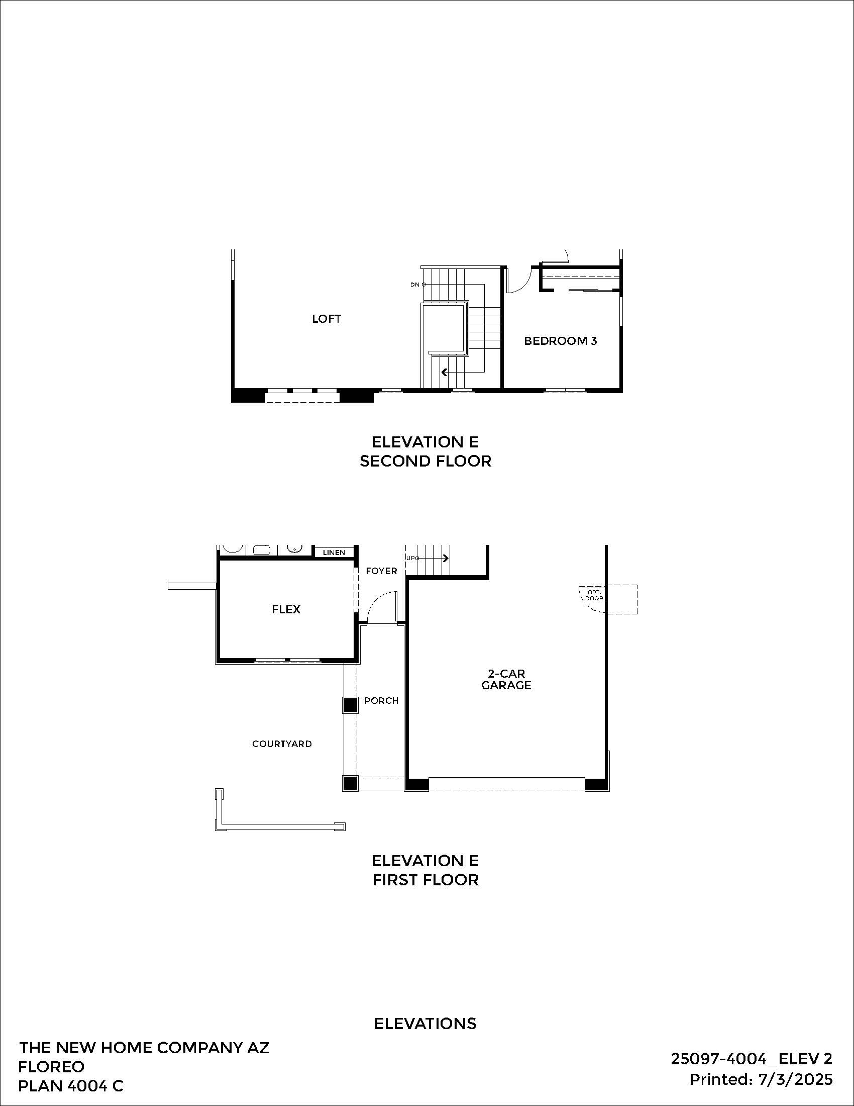 Black and white floor plan layout showing the first floor with garage, flex room, foyer, porch, and courtyard, and the second floor with loft and bedroom.